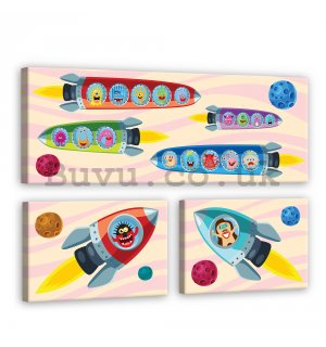 Painting on canvas: Space rockets  - set 1pc 80x30 cm and 2pc 37,5x24,8 cm