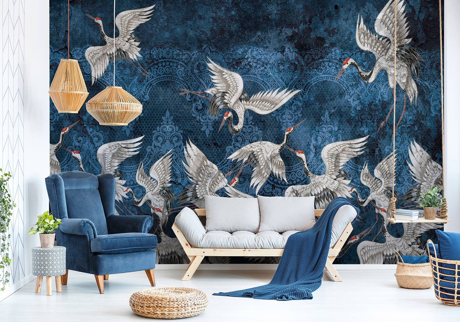 Wall mural vlies: Blue motif with cranes - 254x184 cm