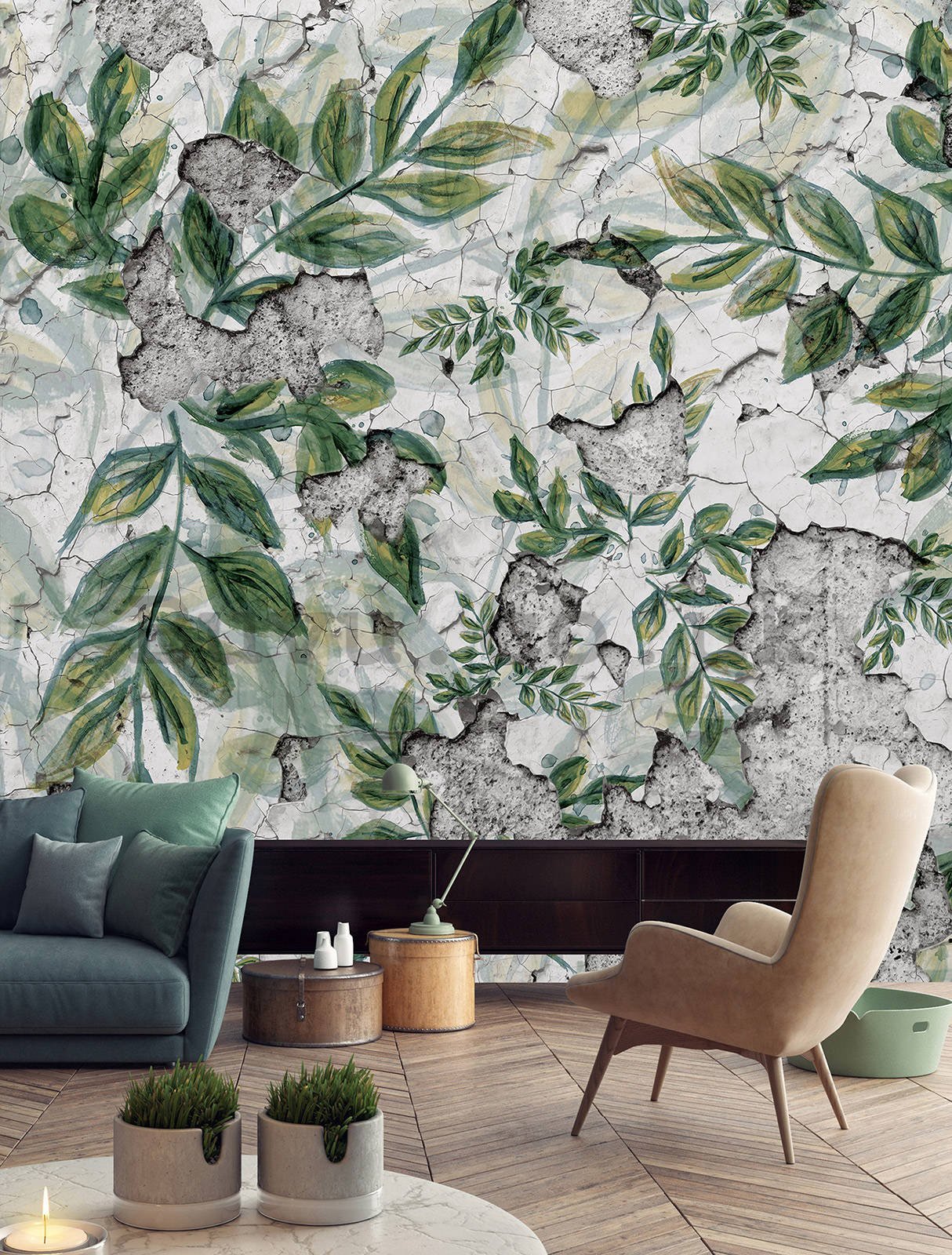Wall mural vlies: Green leaves on cracked plaster - 254x184 cm