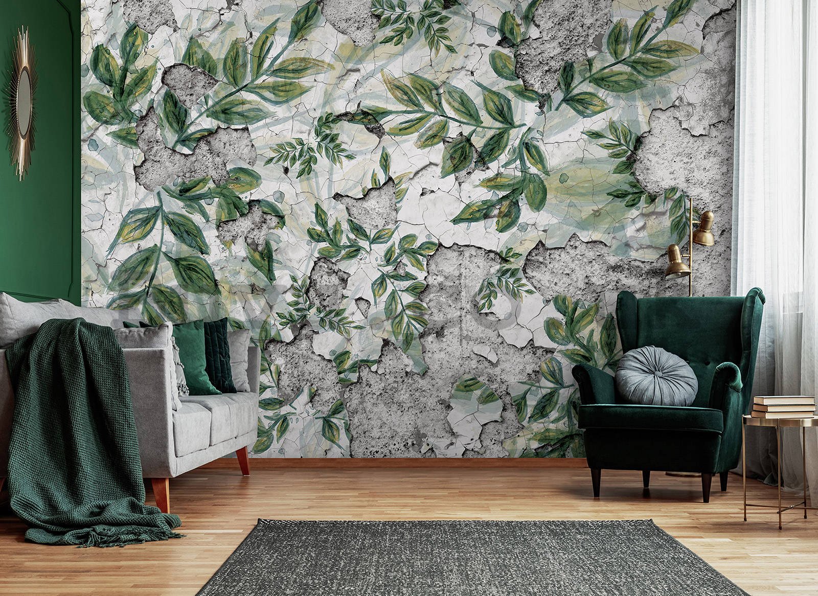 Wall mural vlies: Green leaves on cracked plaster - 368x254 cm