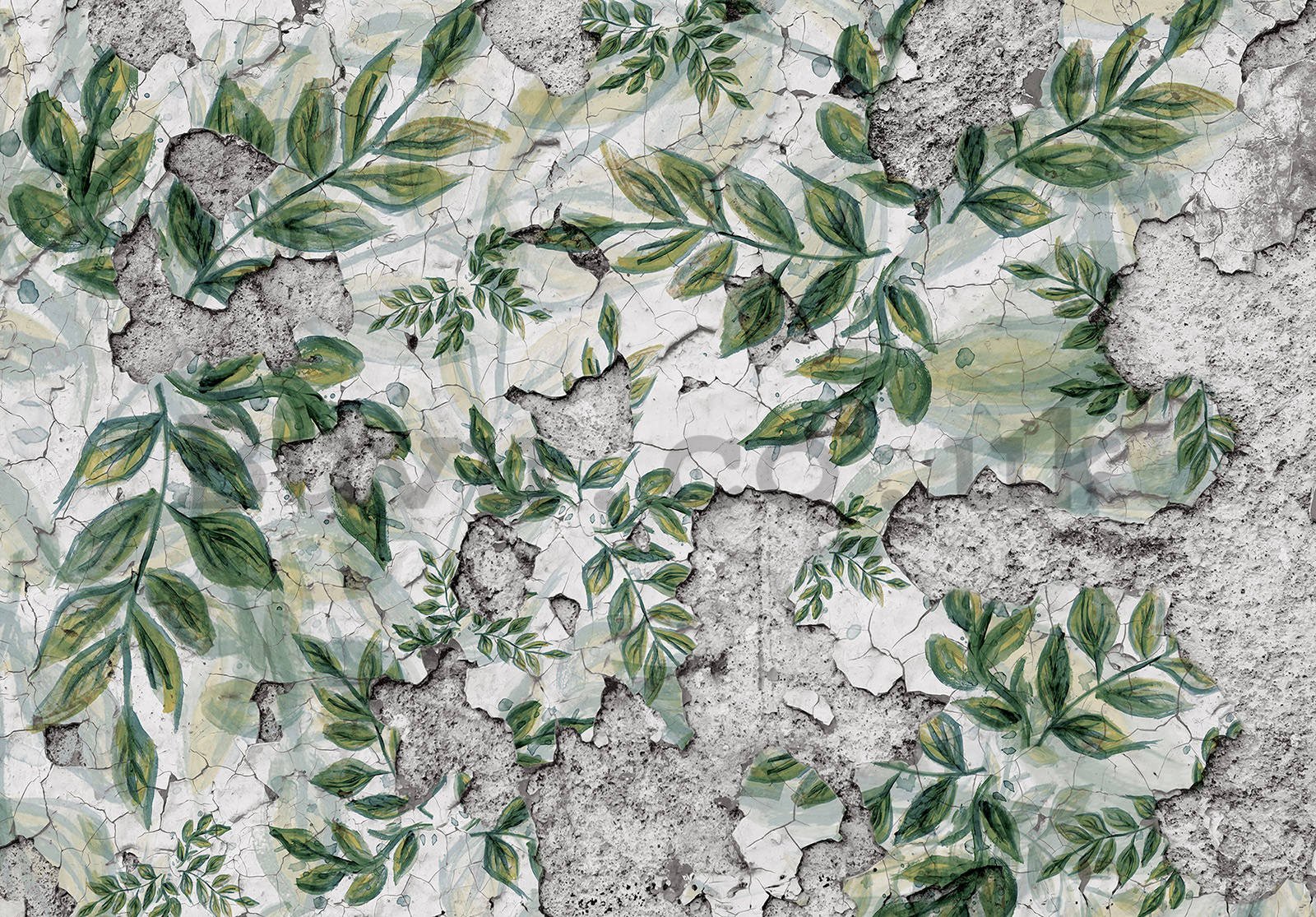 Wall mural vlies: Green leaves on cracked plaster - 368x254 cm
