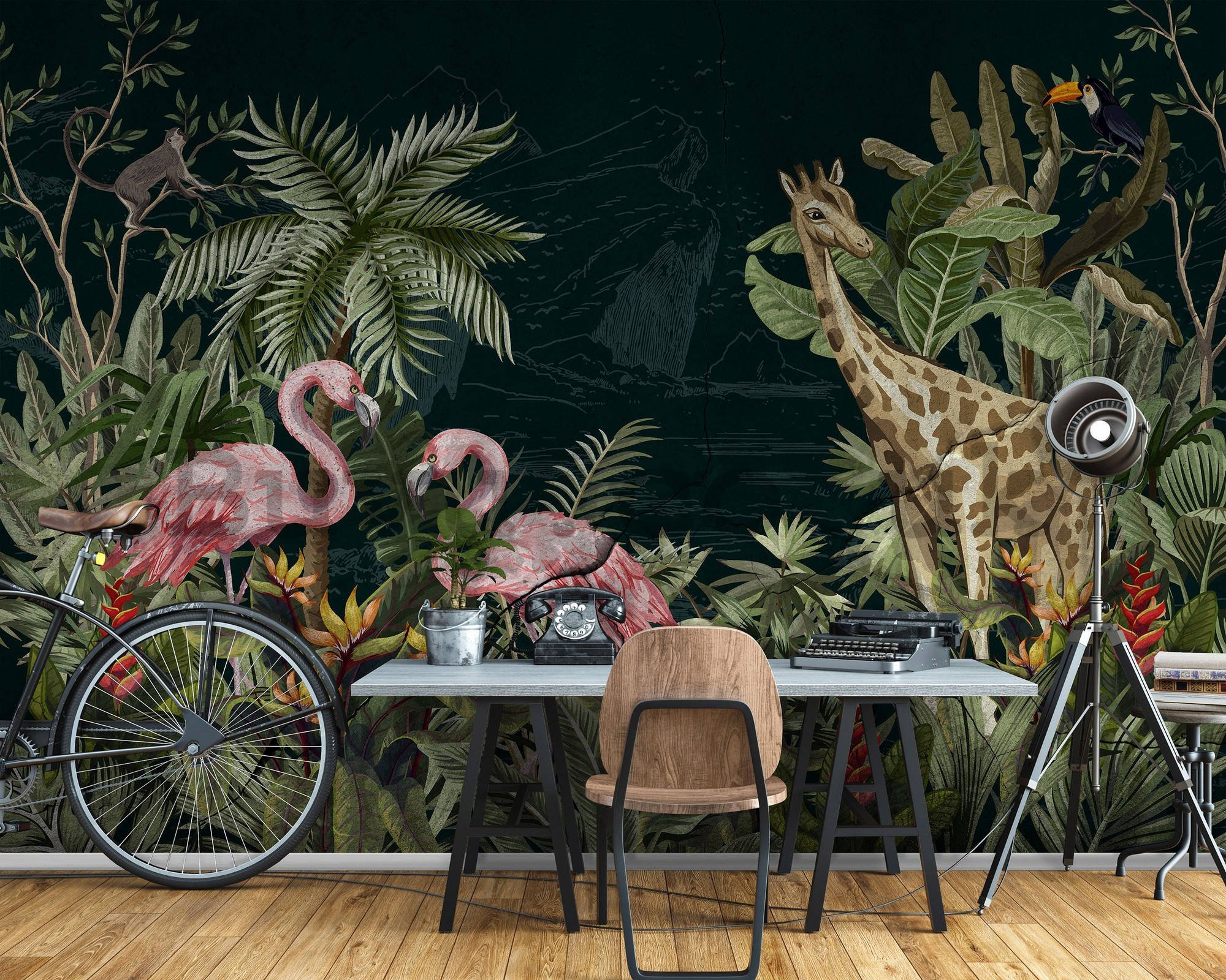 Wall mural vlies: Flamingos and giraffe - 368x254 cm