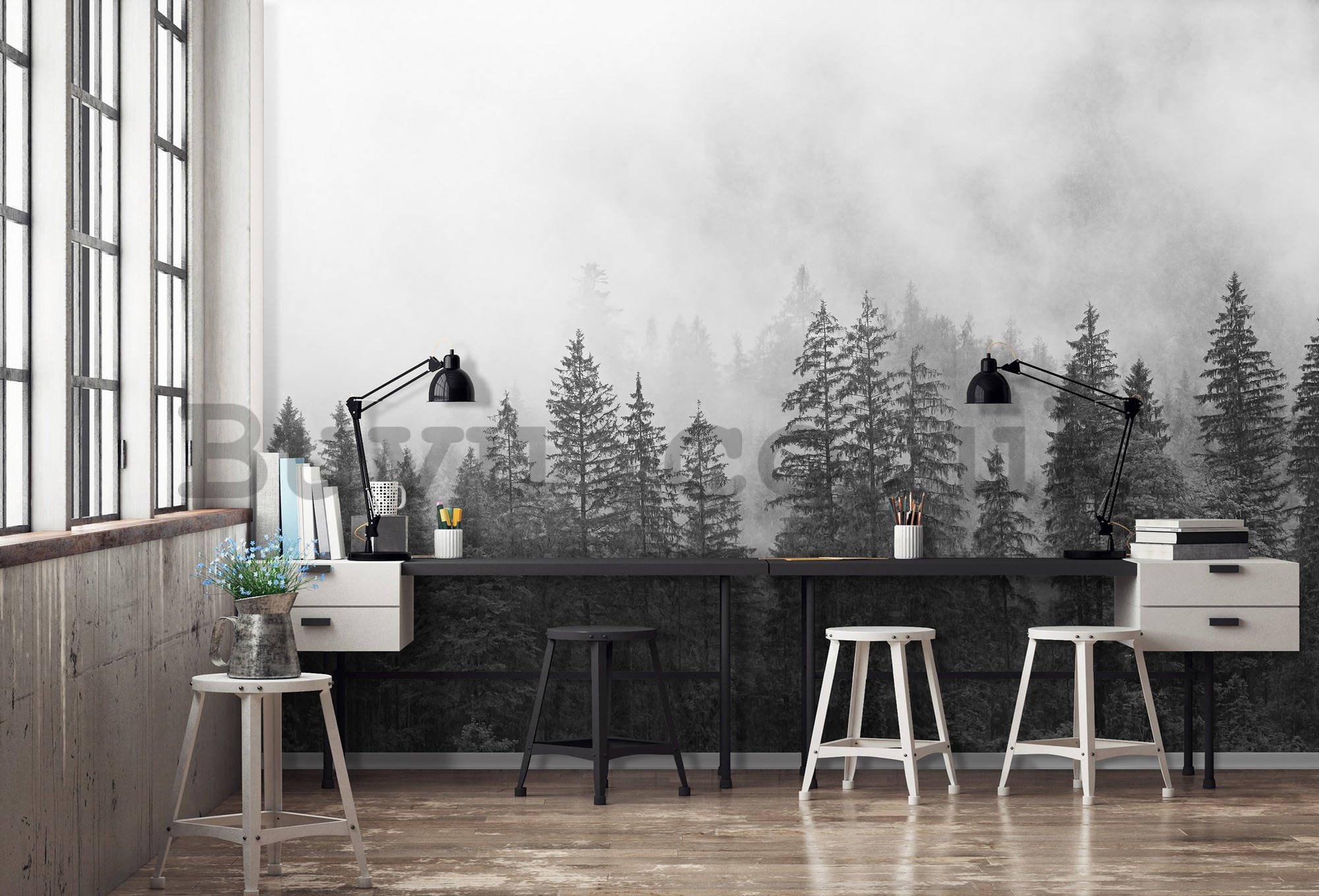 Wall mural vlies: Fog over the black and white forest - 152,5x104 cm