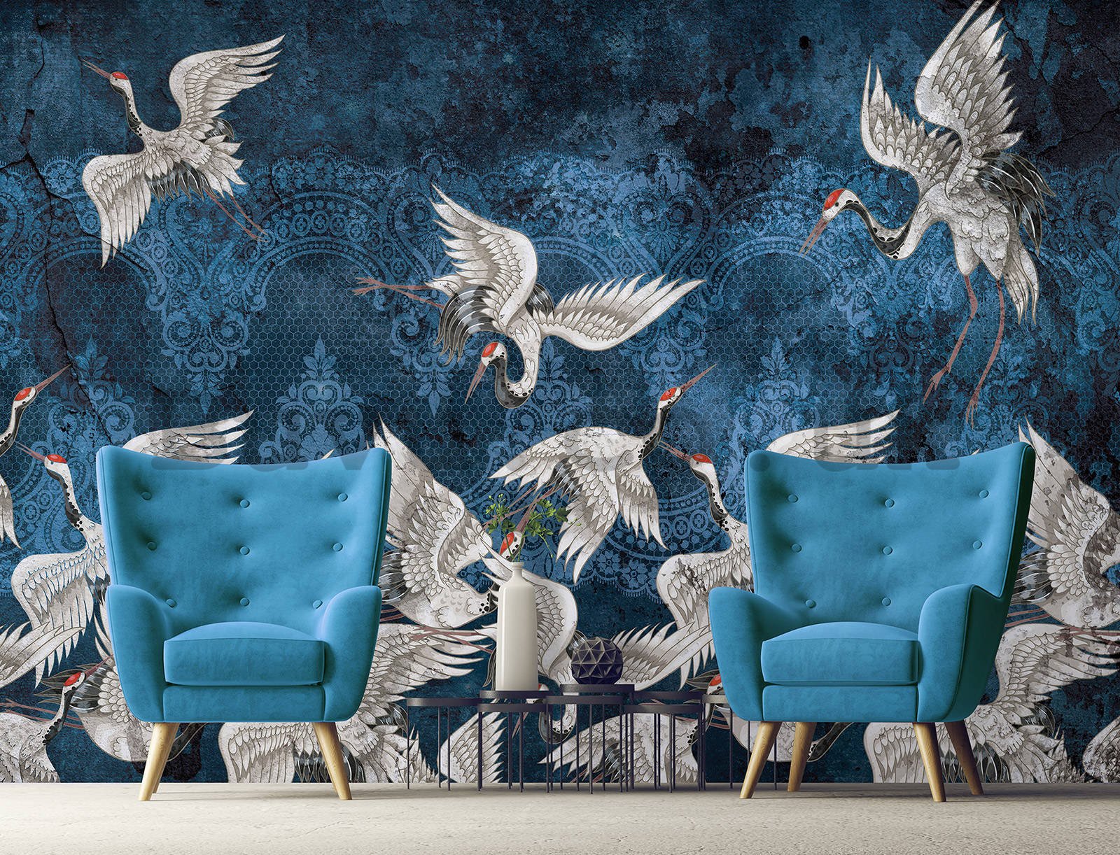 Wall mural vlies: Blue motif with cranes - 416x254 cm