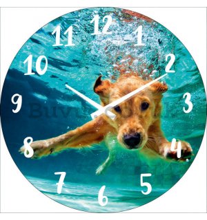 Glass wall clock: Dog under water - 34 cm