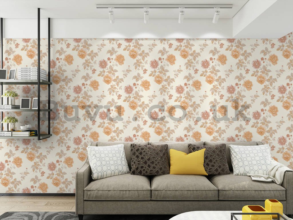 Vinyl wallpaper orange rose on creamy background