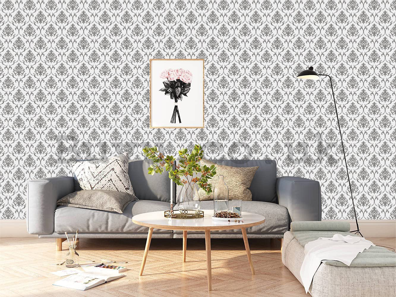 Vinyl wallpaper castle ornaments grey-silver on white background