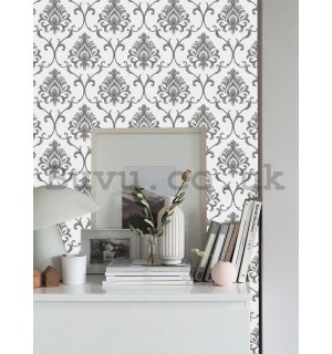 Vinyl wallpaper castle ornaments grey-silver on white background