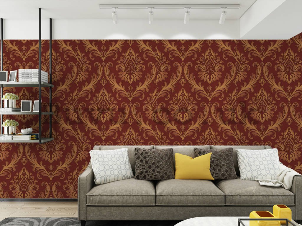 Vinyl wallpaper golden ornament on red background