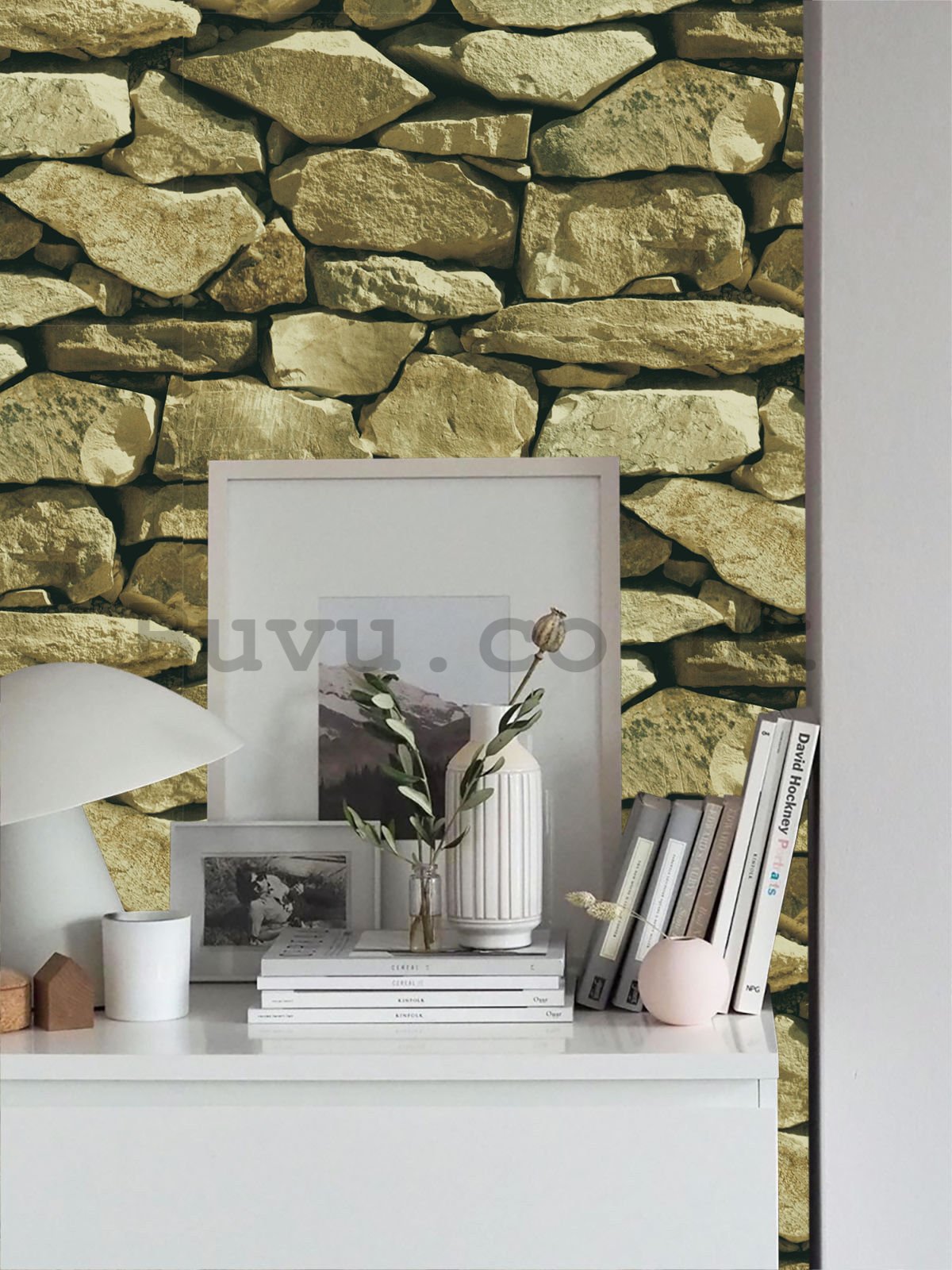 Vinyl wallpaper beige-green stone wall tile