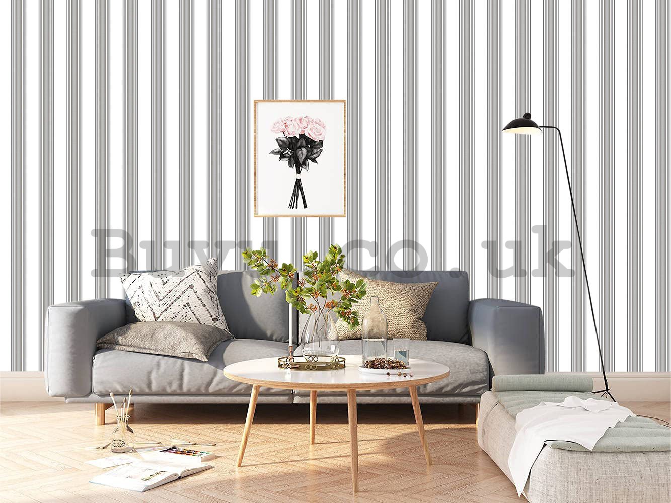 Vinyl wallpaper vertical stripes shades of dark gray on a white background
