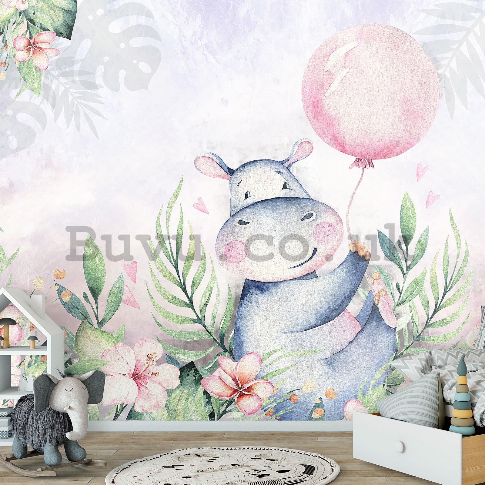 Wall mural vlies: Hippo and balloon - 416x254 cm