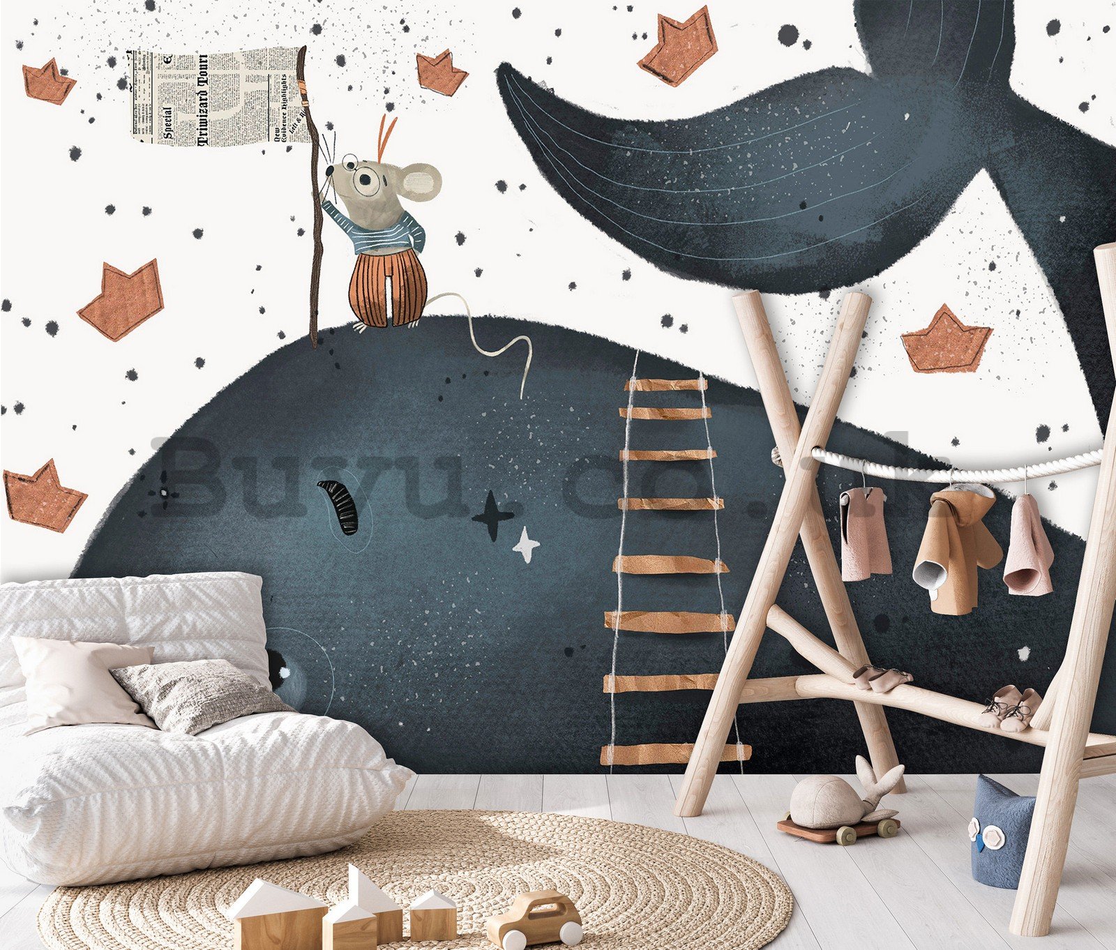 Wall mural vlies: Children's wallpaper whale and mouse - 254x184 cm