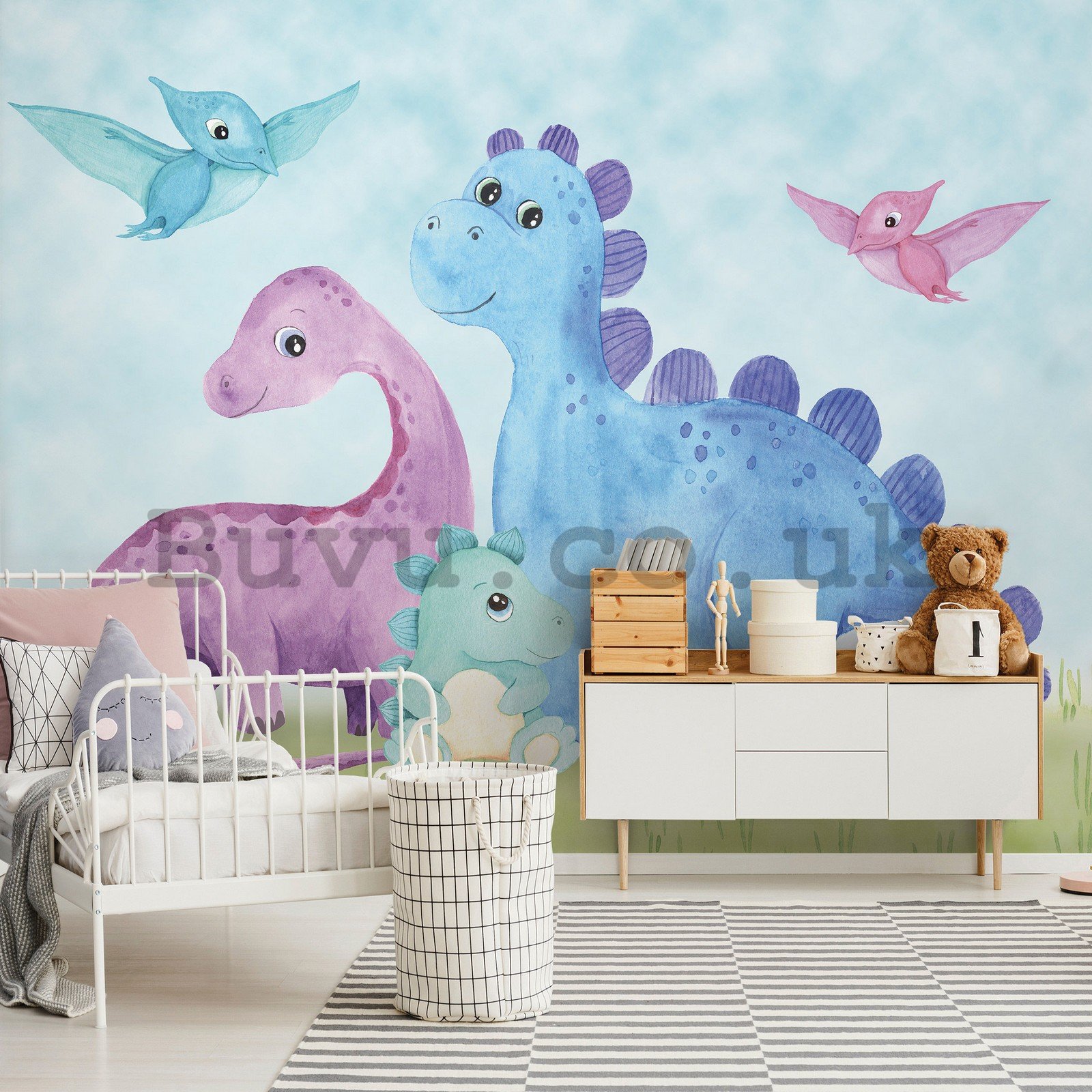 Wall mural vlies: Children's wallpaper colorful cheerful dinosaurs - 368x254 cm