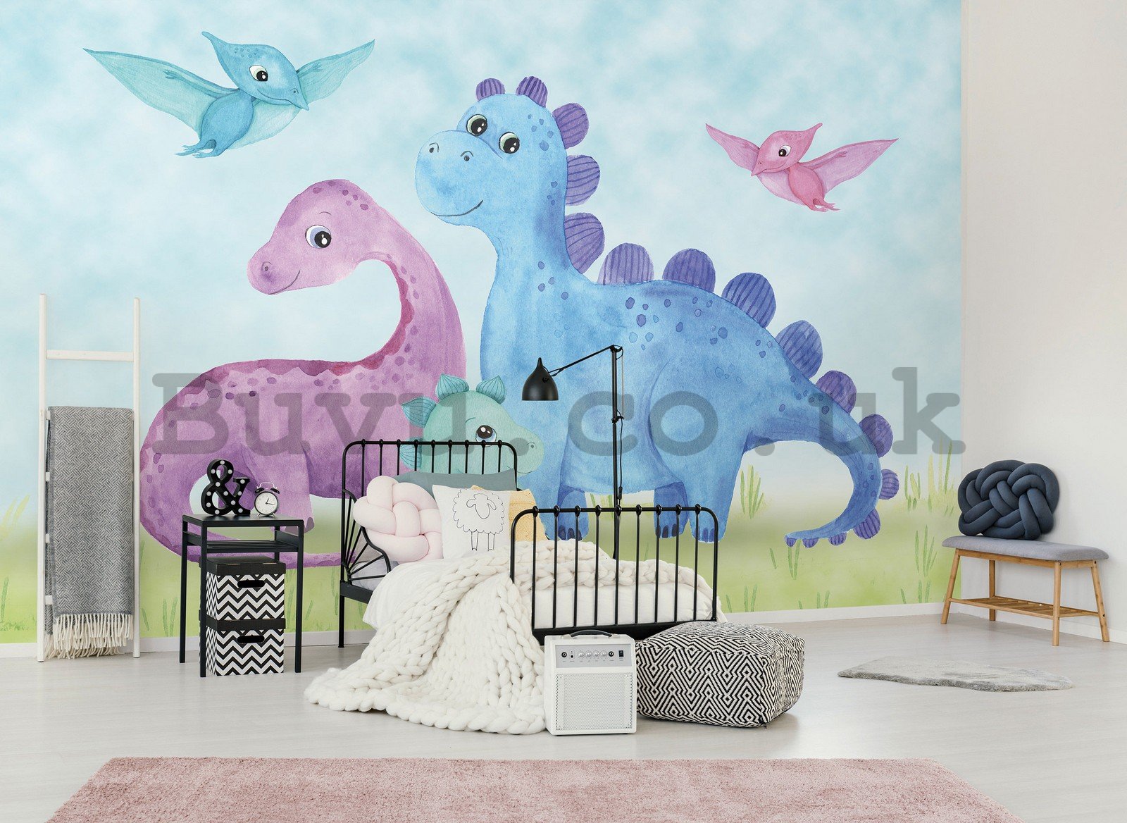 Wall mural vlies: Children's wallpaper colorful cheerful dinosaurs - 152,5x104 cm