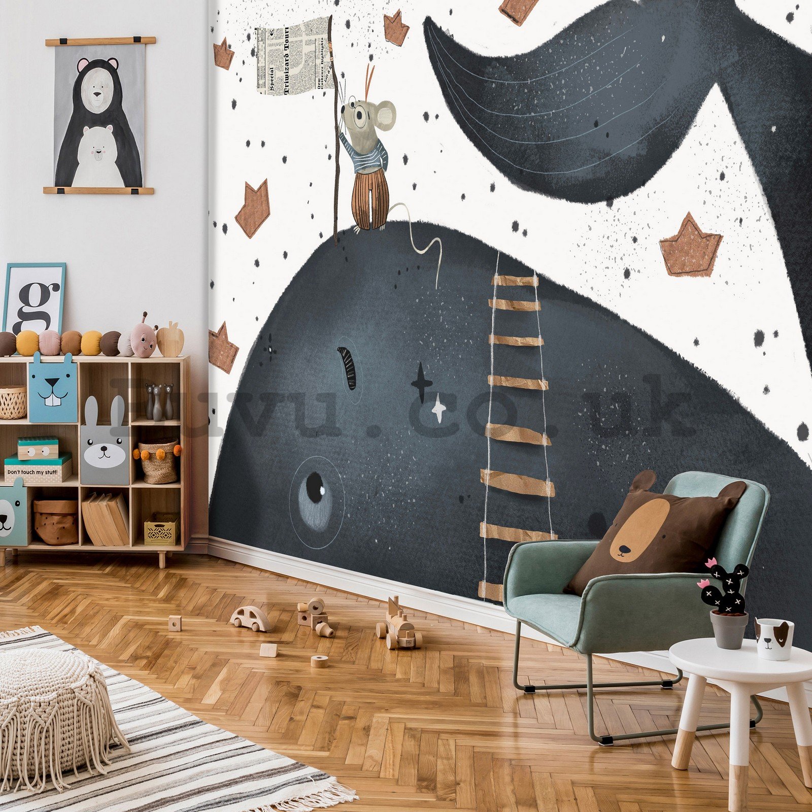 Wall mural vlies: Children's wallpaper whale and mouse - 416x254 cm