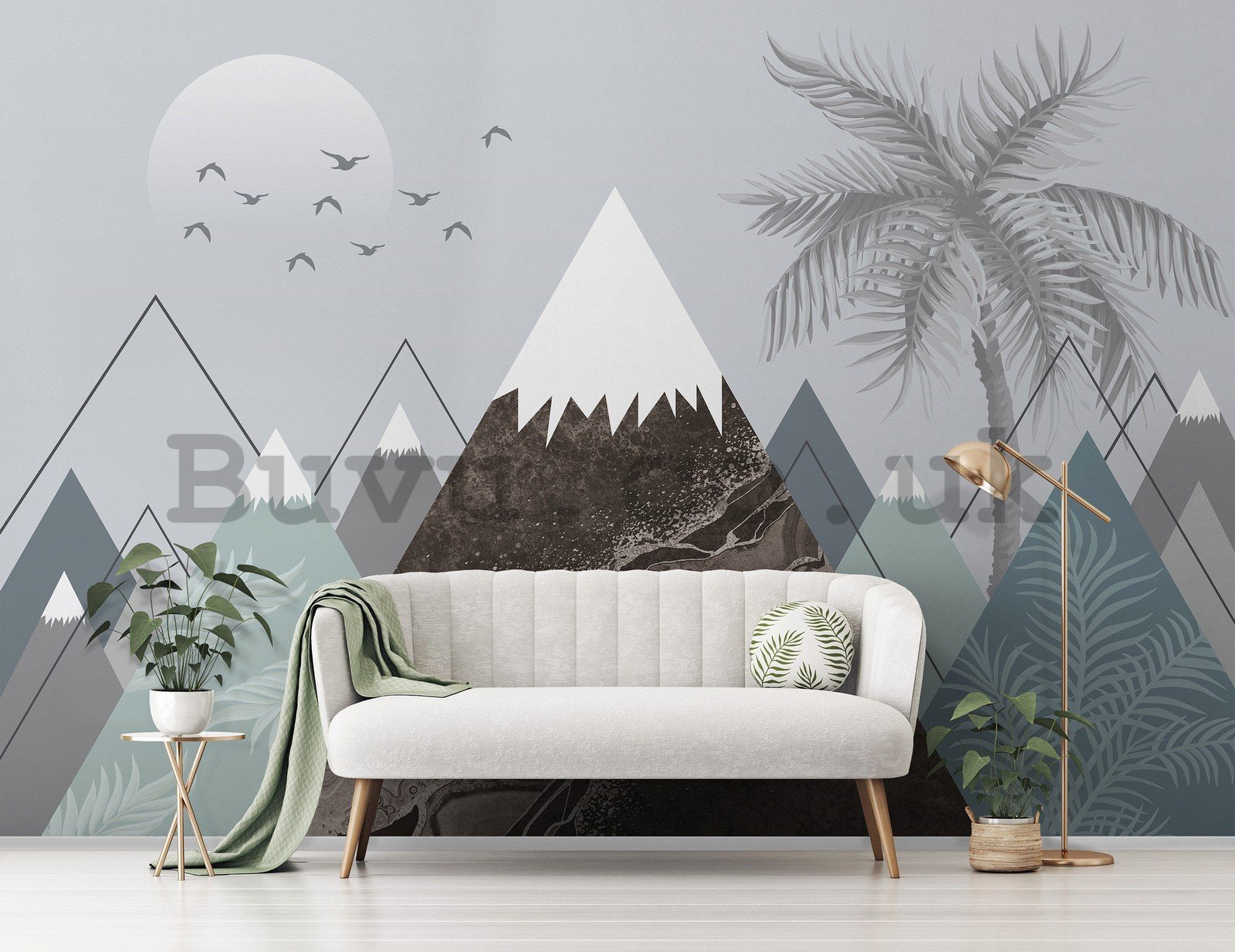 Wall mural vlies: Scandinavian pattern (mountains and palm trees) - 254x184 cm