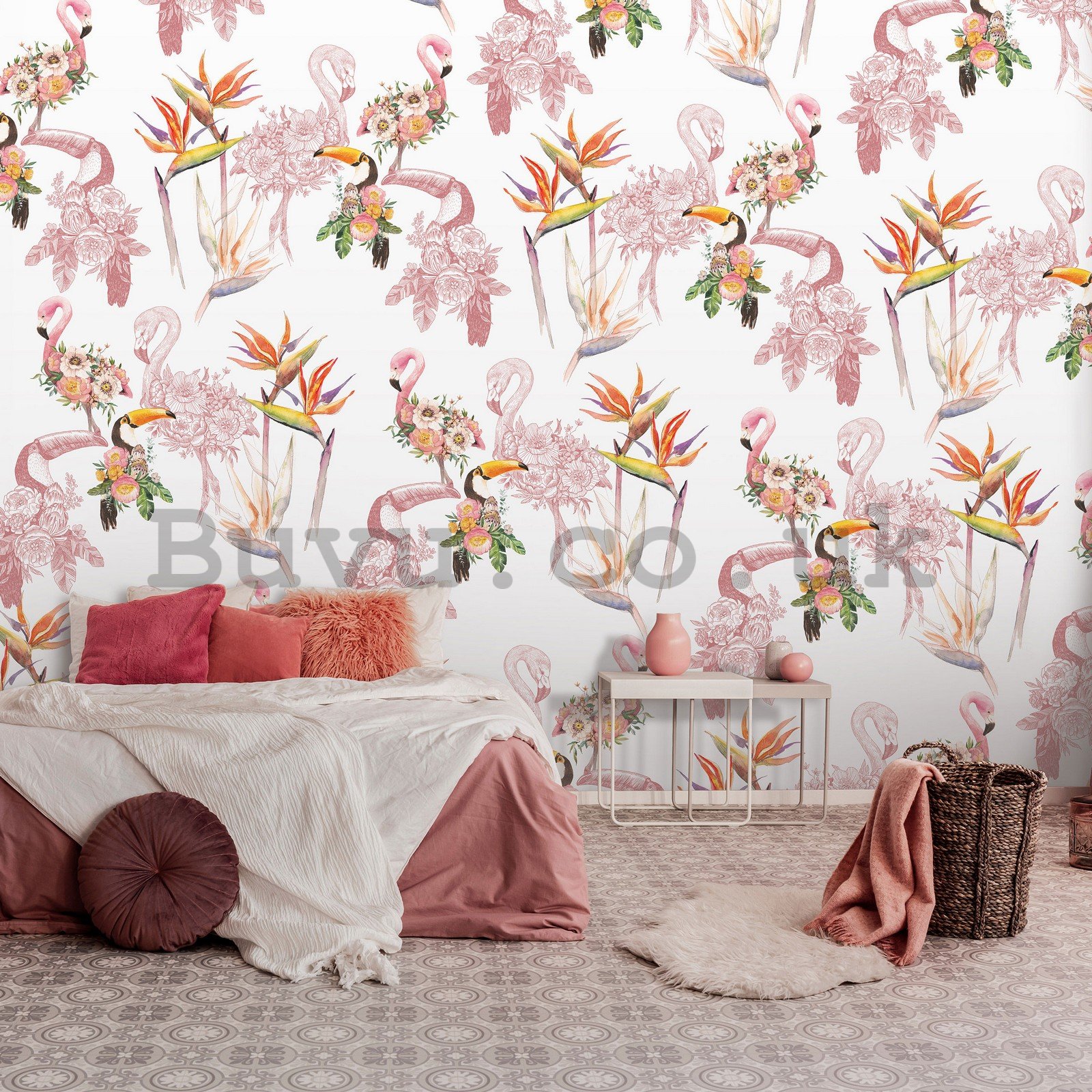 Wall mural vlies: Flamingos and toucans - 254x184 cm