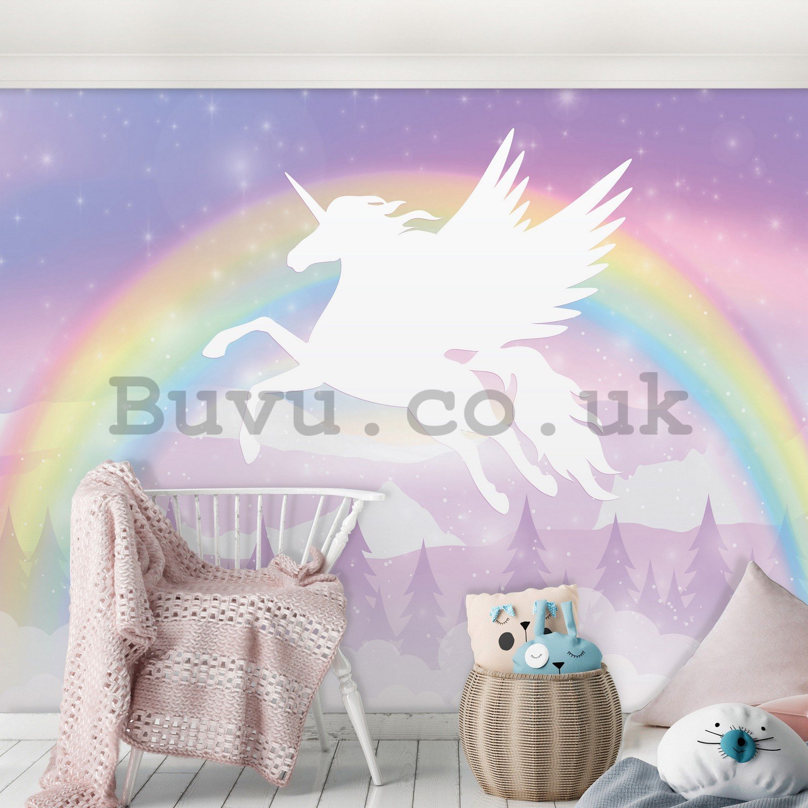 Wall mural vlies: Children's wallpaper Pegasus and rainbow - 254x184 cm