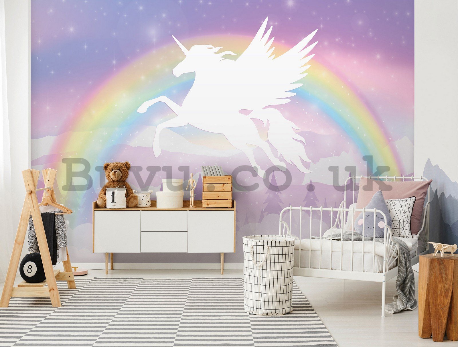 Wall mural vlies: Children's wallpaper Pegasus and rainbow - 254x184 cm