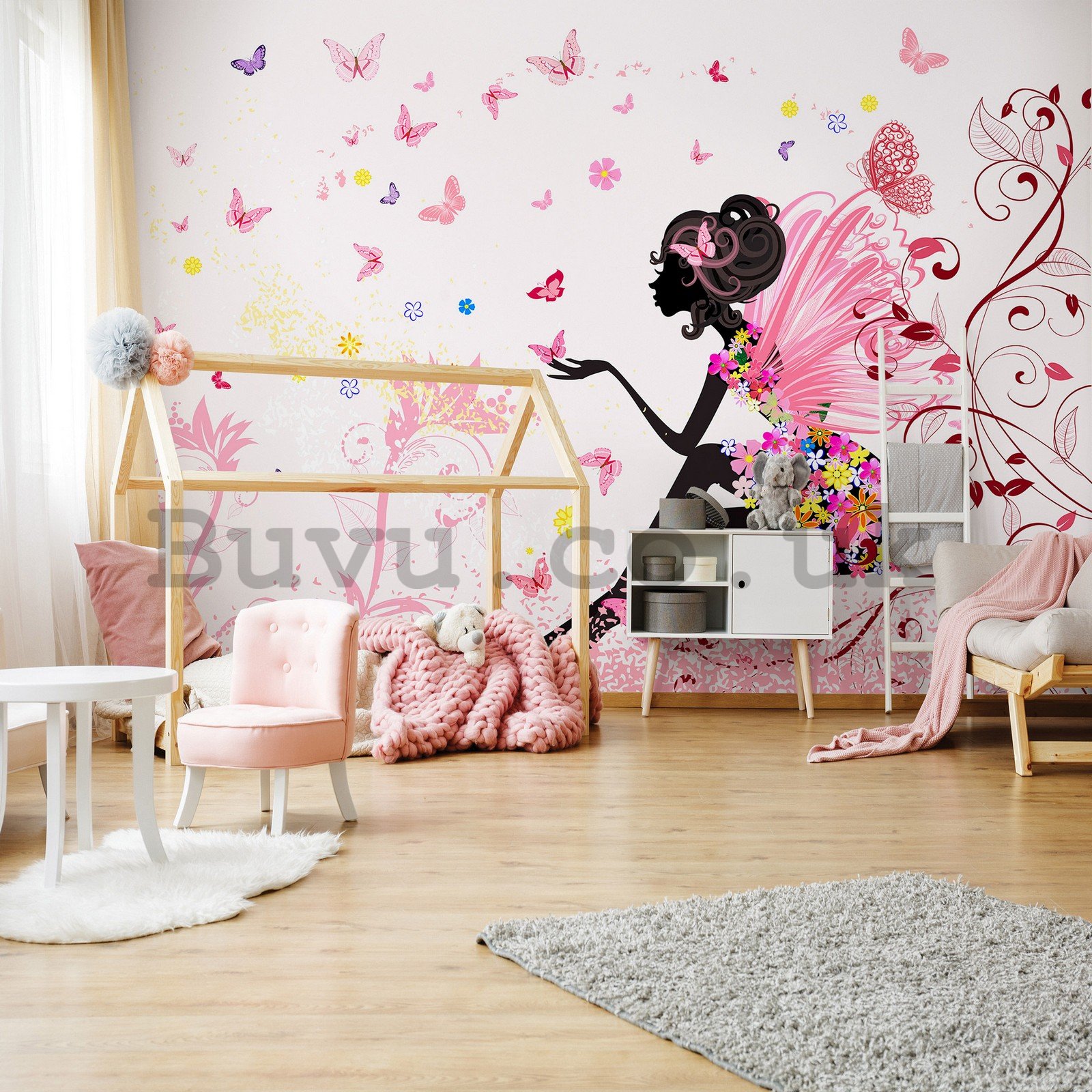 Wall mural vlies: Girl with flowers and butterflies - 254x184 cm