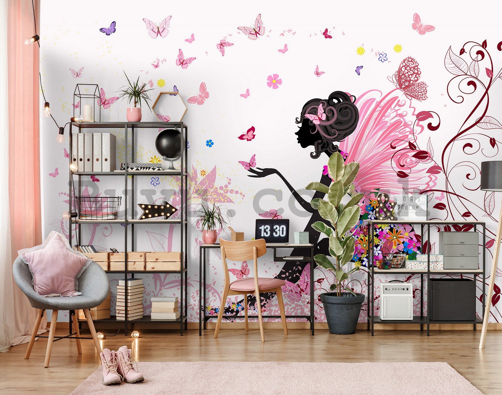 Wall mural vlies: Girl with flowers and butterflies - 254x184 cm