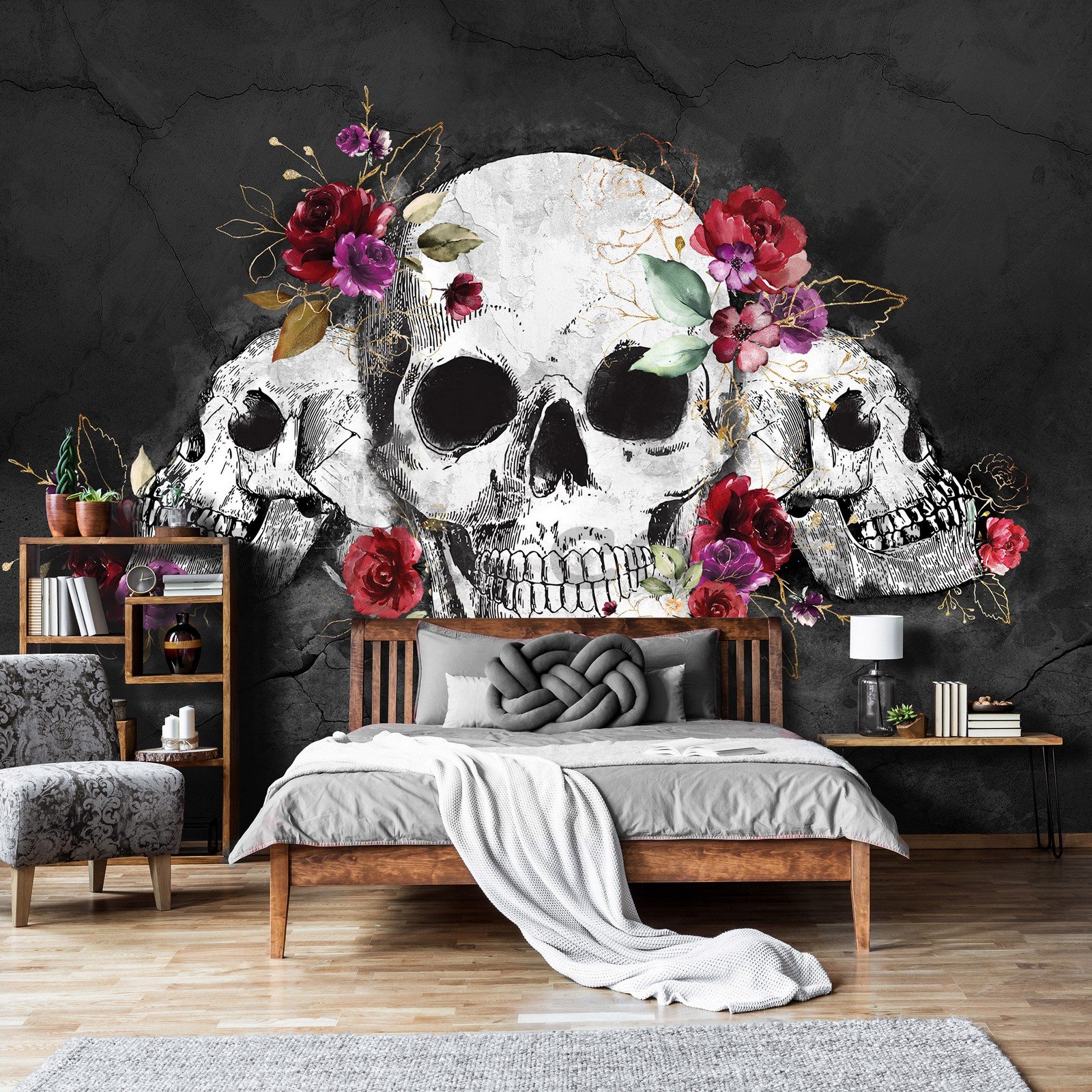 Wall mural vlies: Skulls and flowers - 254x184 cm