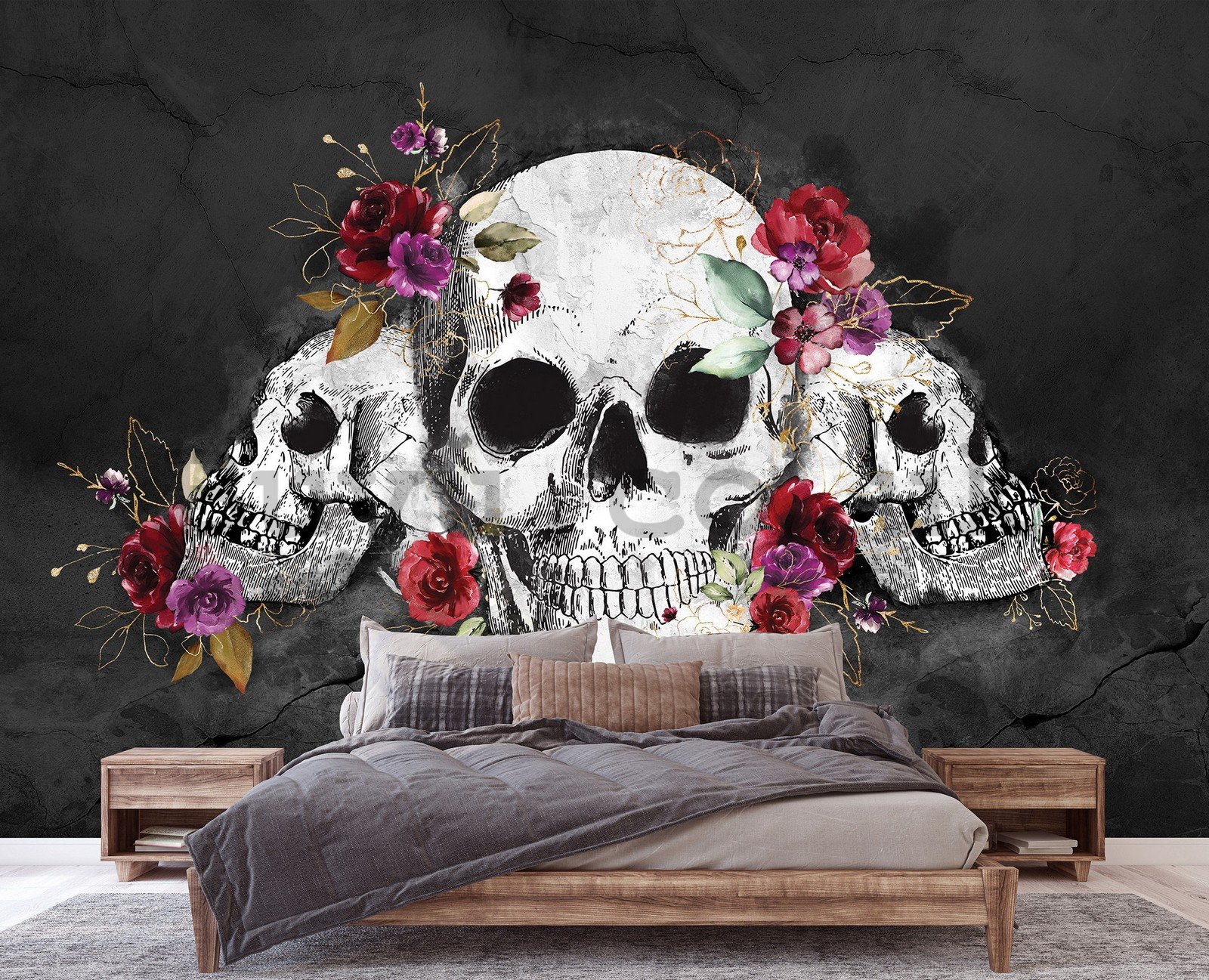 Wall mural vlies: Skulls and flowers - 254x184 cm