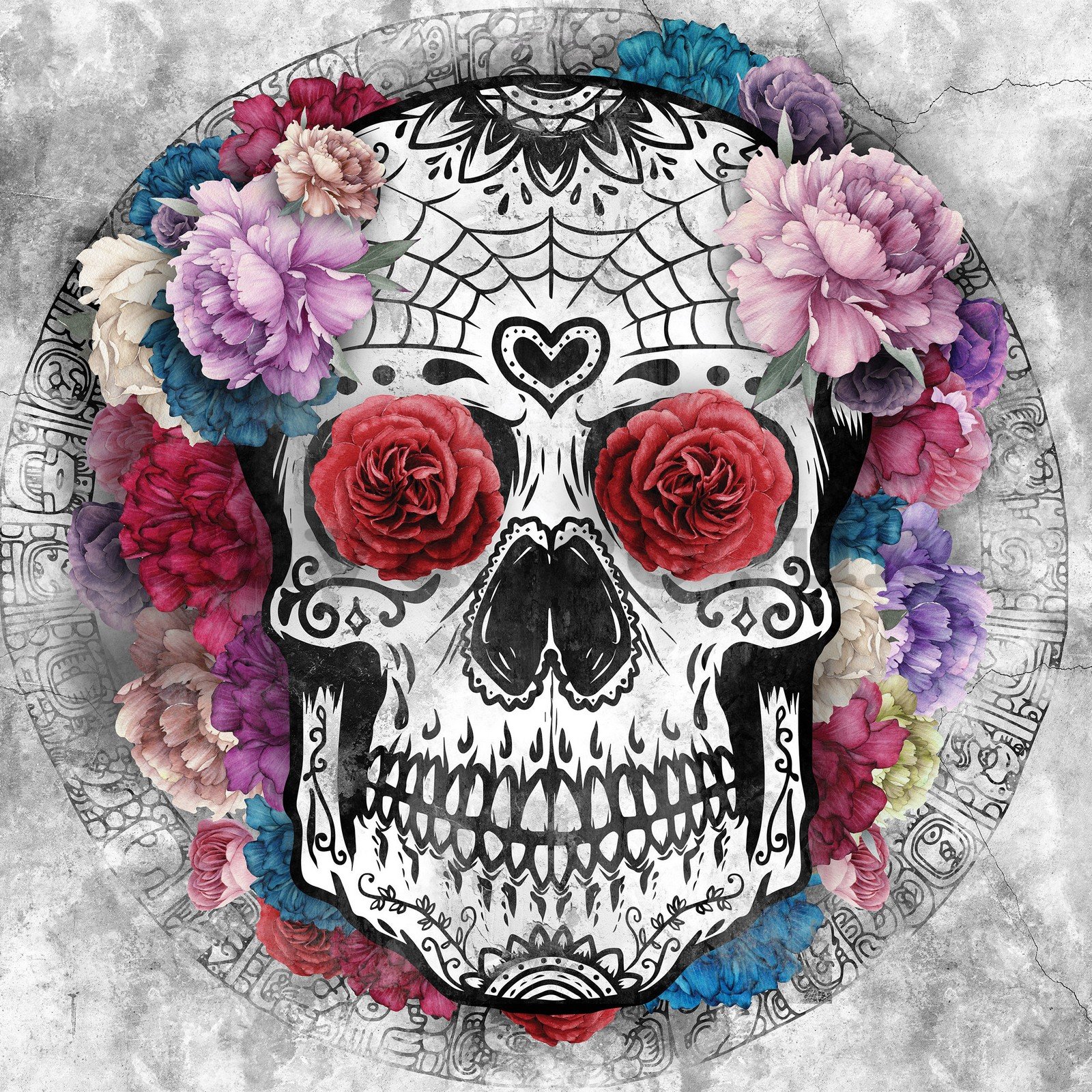 Wall mural vlies: Skull and Flowers - 254x184 cm