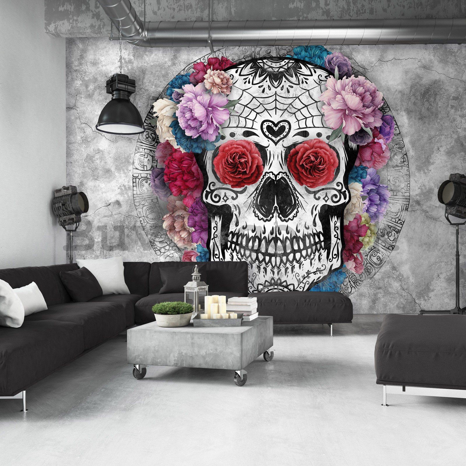 Wall mural vlies: Skull and Flowers - 254x184 cm