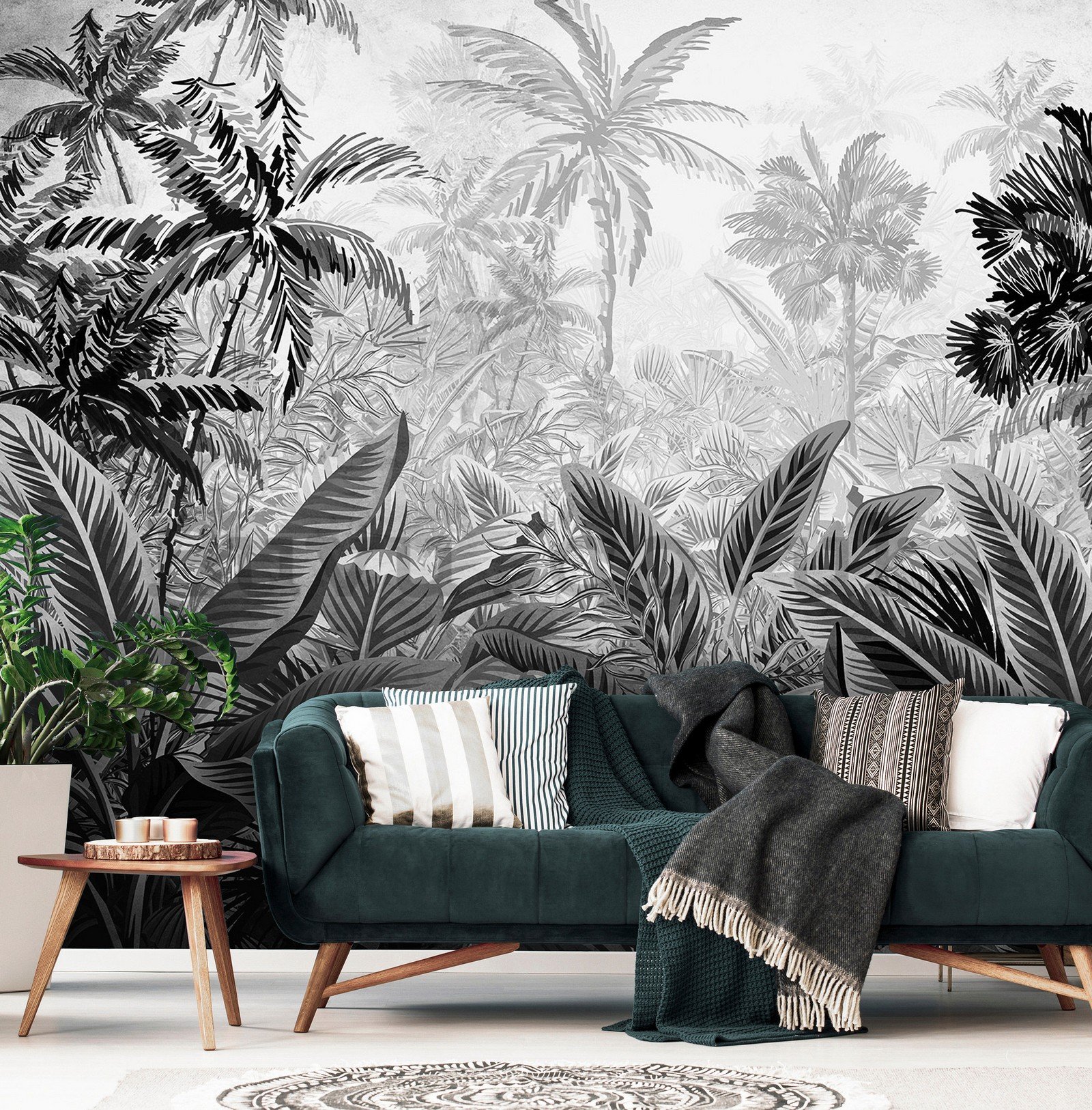 Wall mural vlies: Palm trees and ferns (black and white) - 368x254 cm