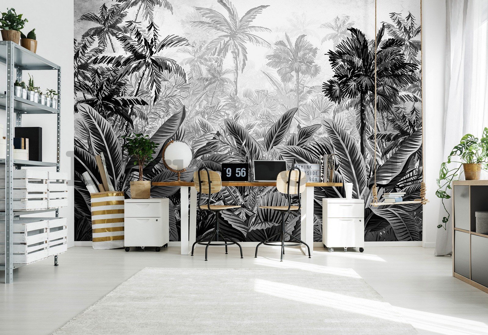 Wall mural vlies: Palm trees and ferns (black and white) - 368x254 cm
