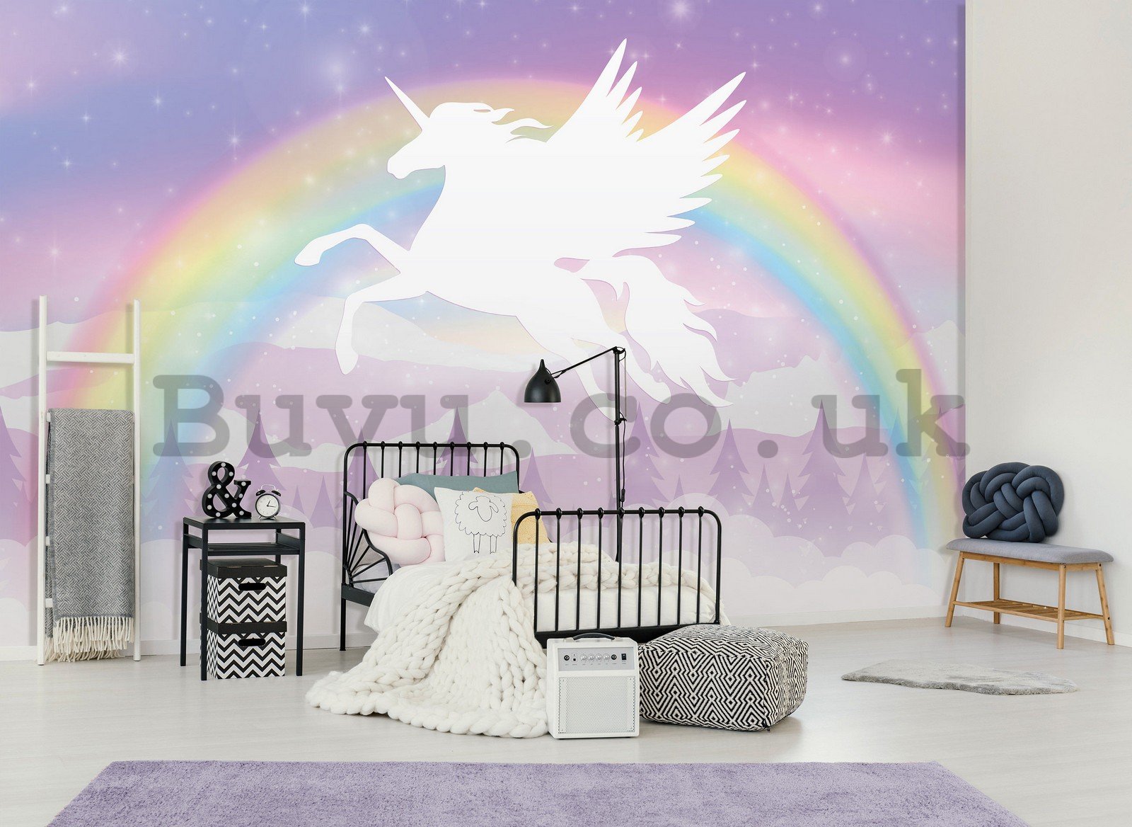 Wall mural vlies: Children's wallpaper Pegasus and rainbow - 368x254 cm