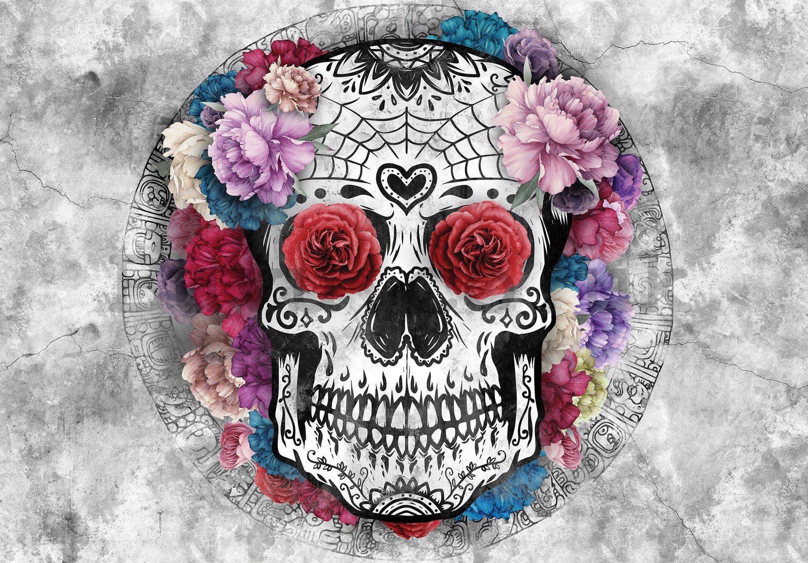 Wall mural vlies: Skull and Flowers - 368x254 cm