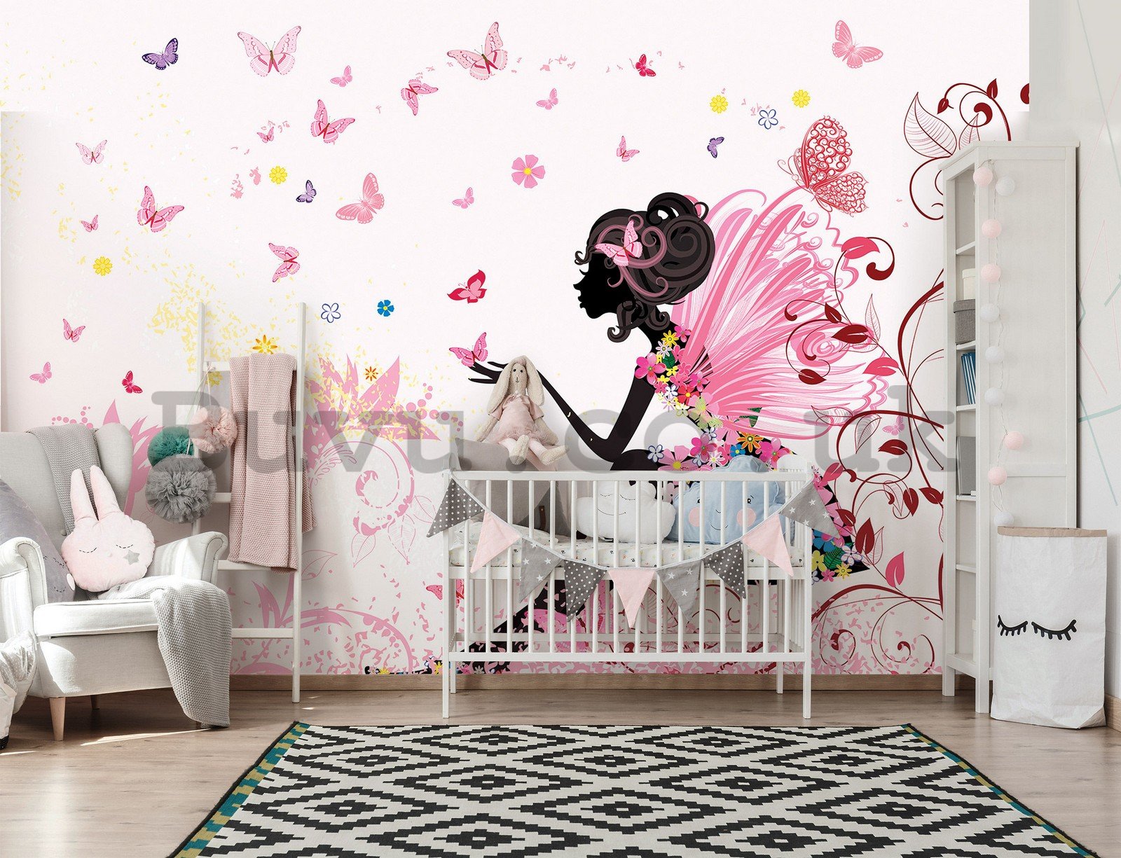 Wall mural vlies: Girl with flowers and butterflies - 416x254 cm