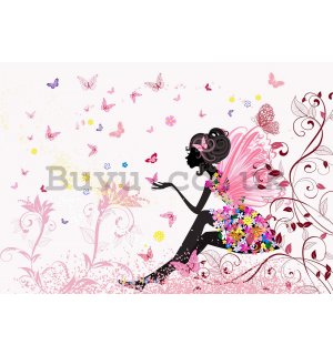 Wall mural vlies: Girl with flowers and butterflies - 416x254 cm
