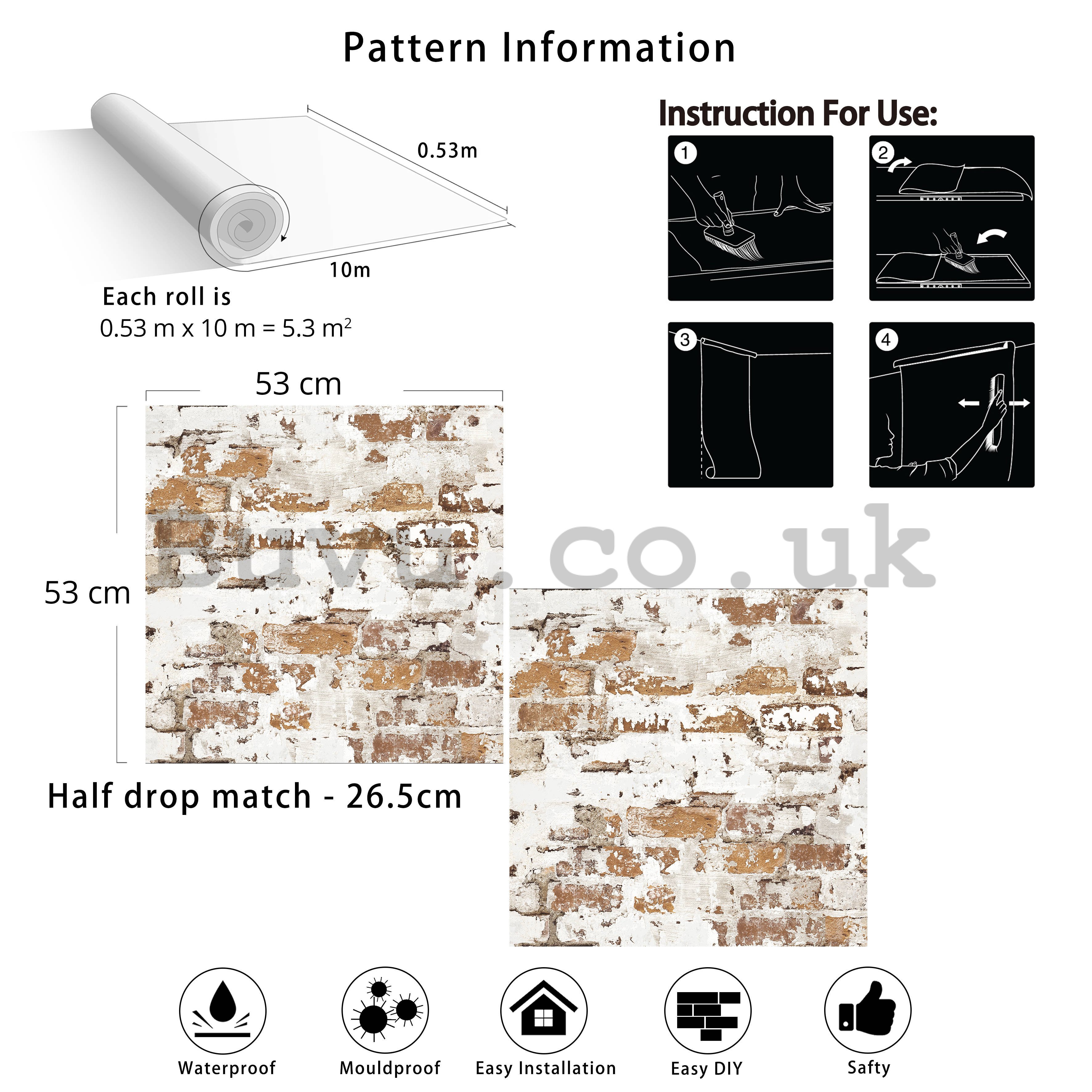 Vinyl wallpaper brown brick wall with white painting