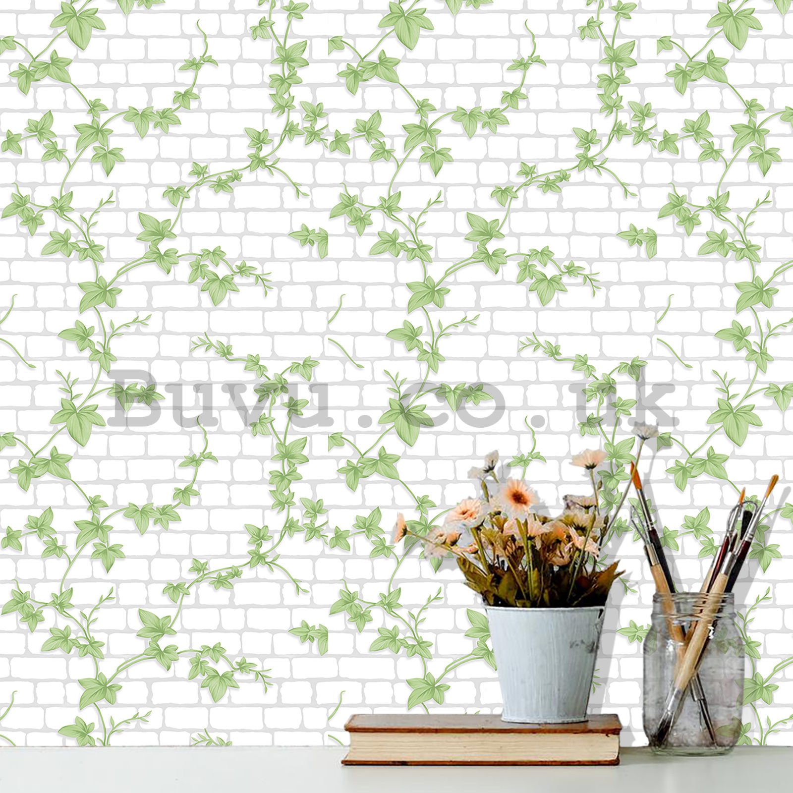 Vinyl wallpaper white brick wall and ivy