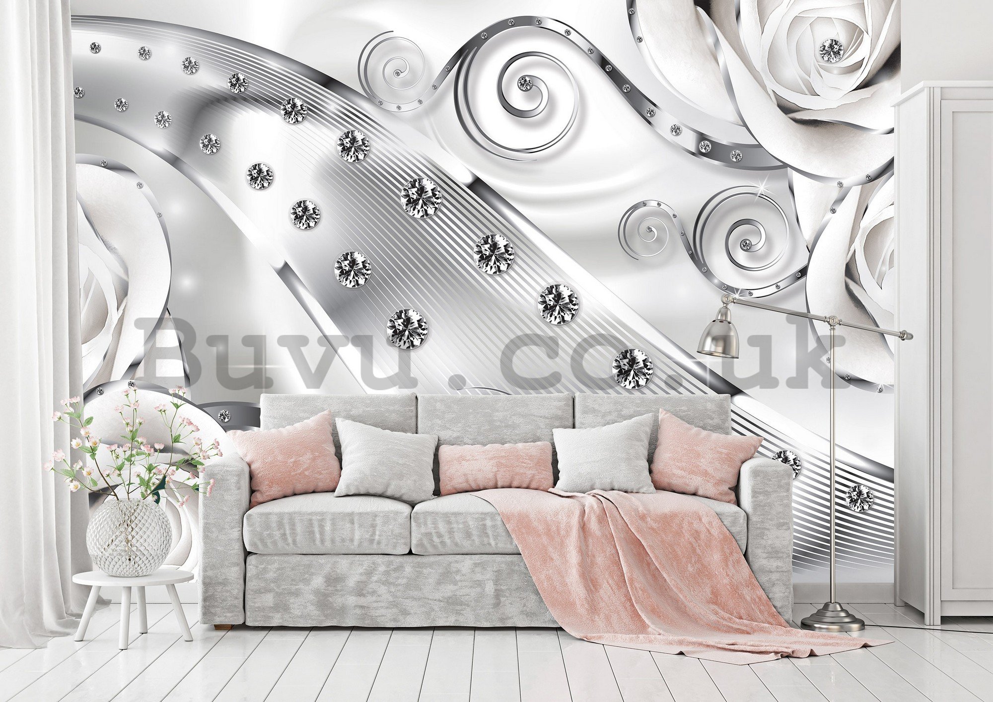 Wall Mural: Luxurious abstraction (silver) - 368x254 cm