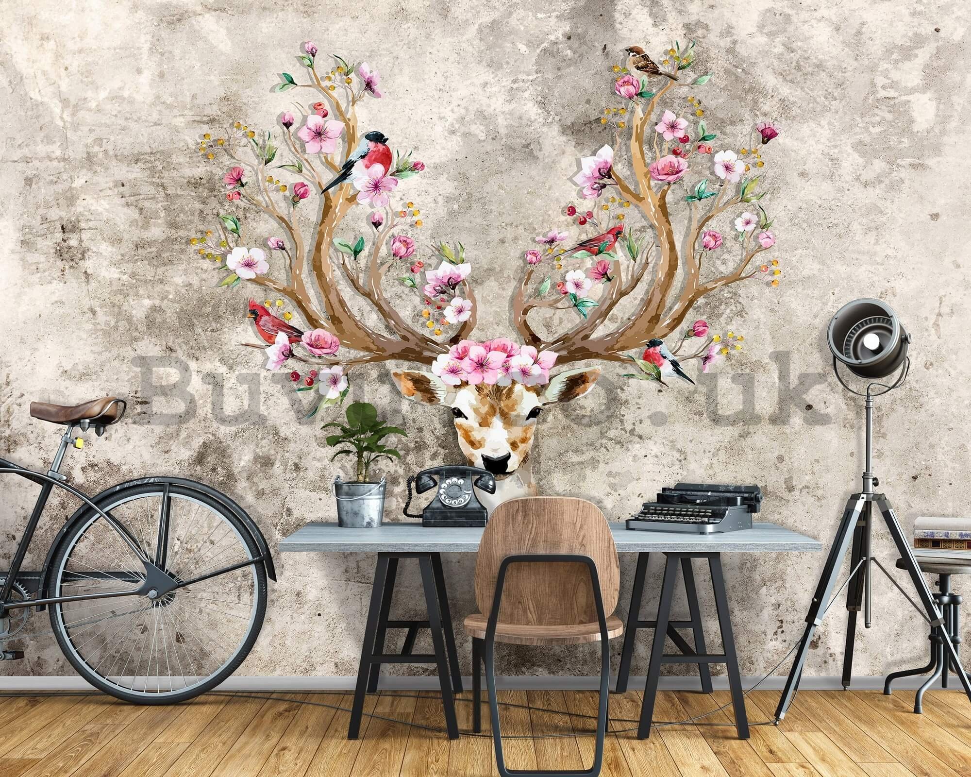 Wall mural vlies: Deer and flowers - 416x254 cm