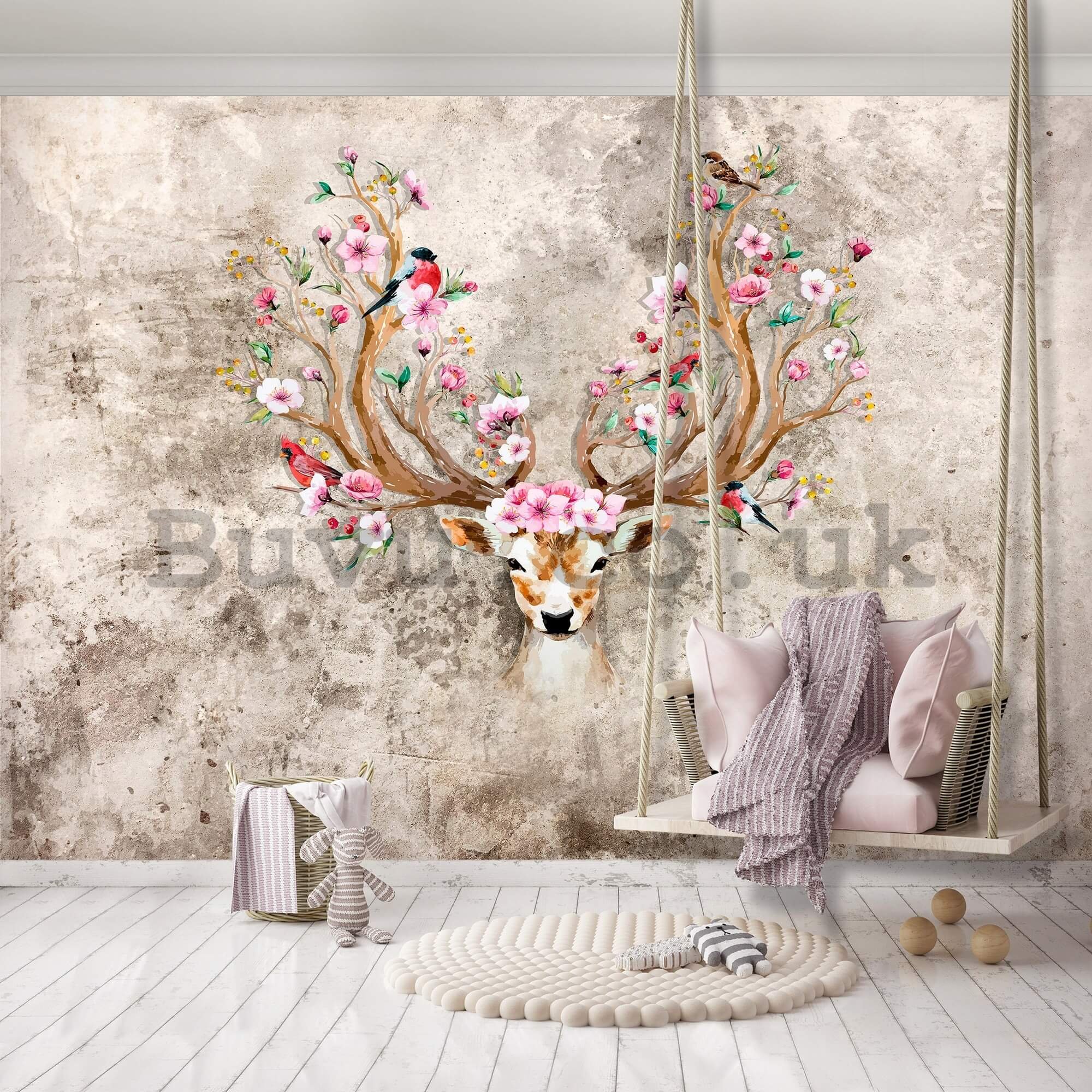 Wall mural vlies: Deer and flowers - 416x254 cm