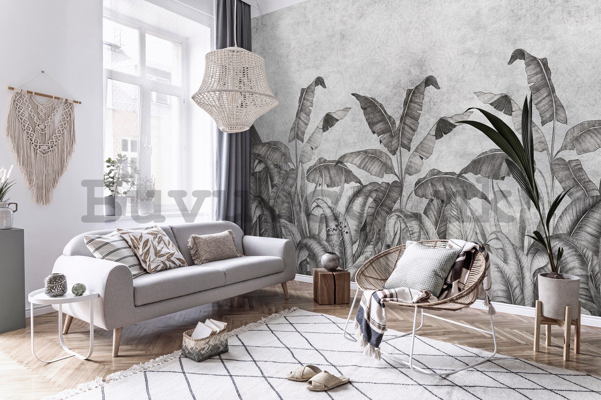 Wall mural vlies: Black and white imitation of natural leave (2) - 254x184 cm