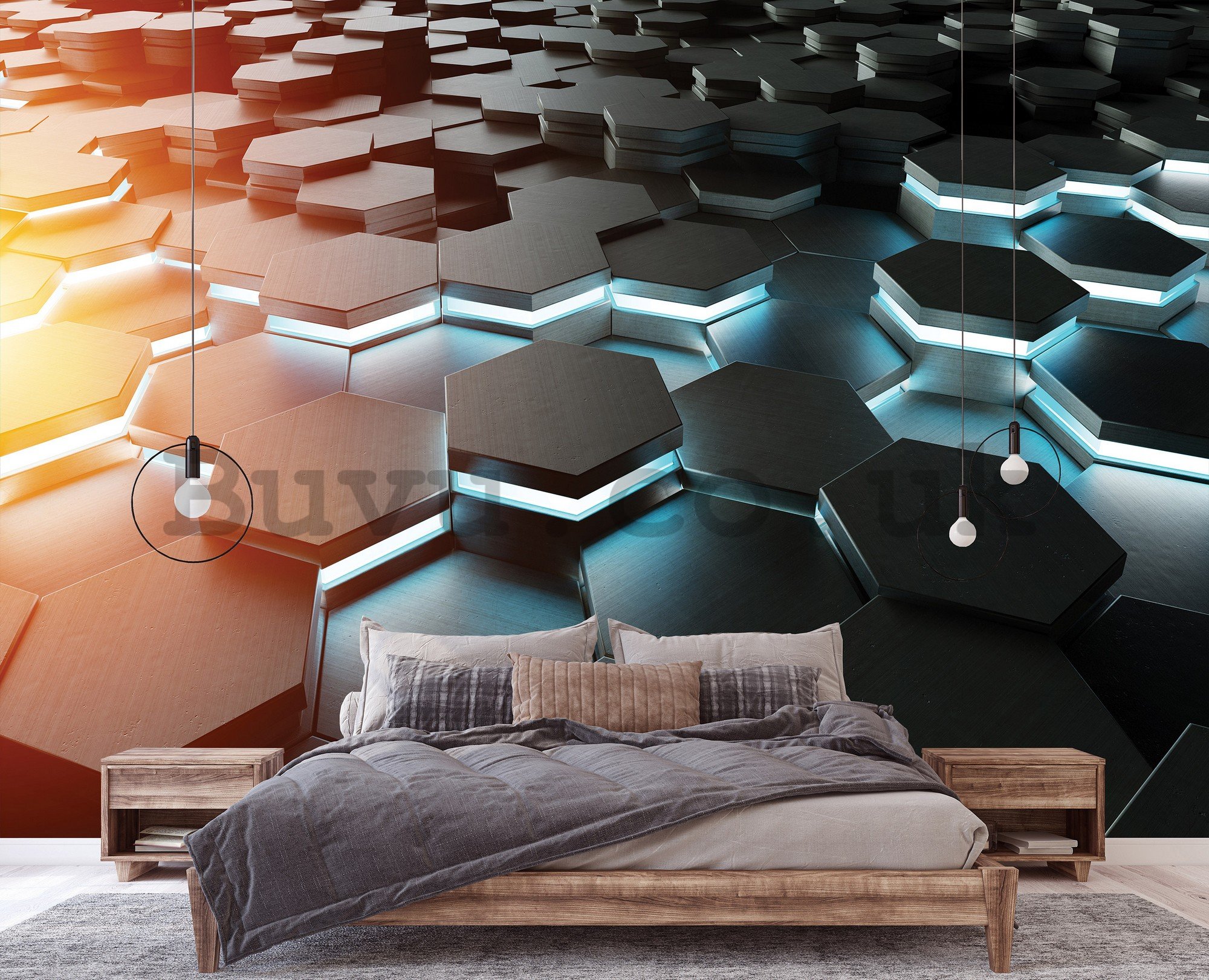 Wall mural vlies: 3D abstraction of hexagon game - 368x254 cm