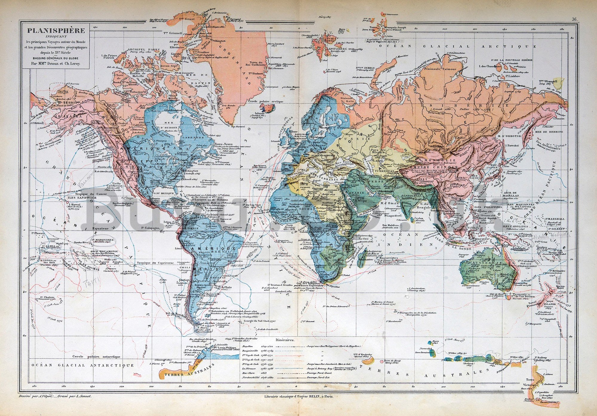 Wall mural vlies: French World Map (Vintage) - 368x254 cm