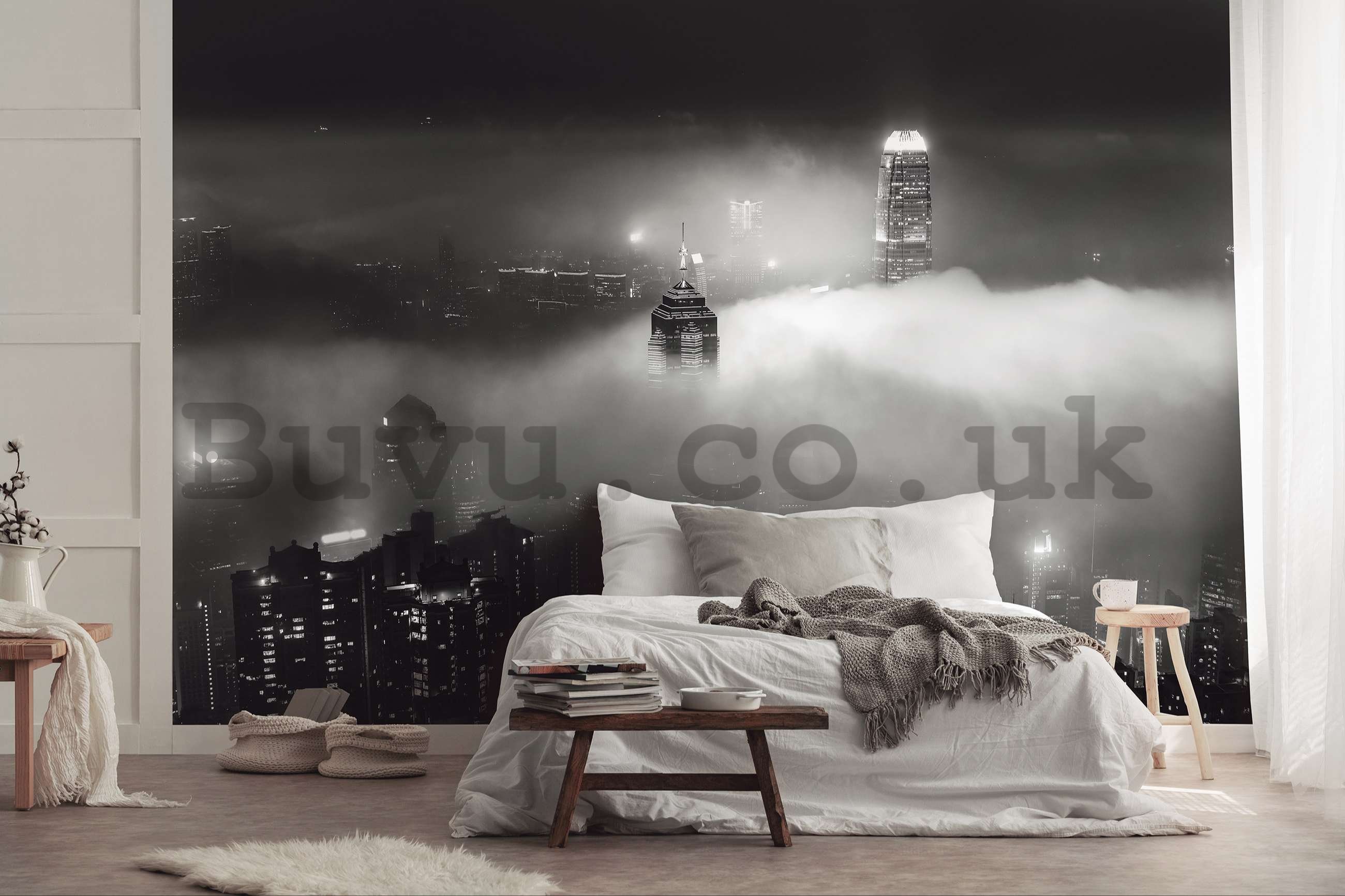 Wall mural vlies: Night City in Fog (black and white) - 254x184 cm