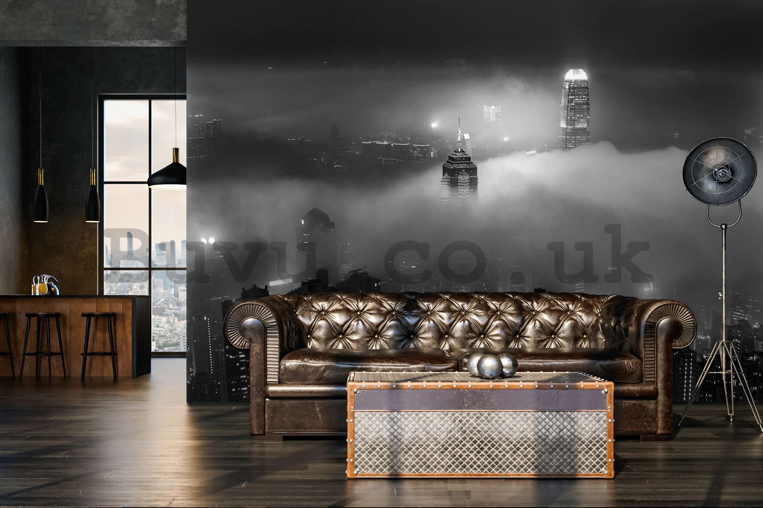 Wall mural vlies: Night City in Fog (black and white) - 368x254 cm