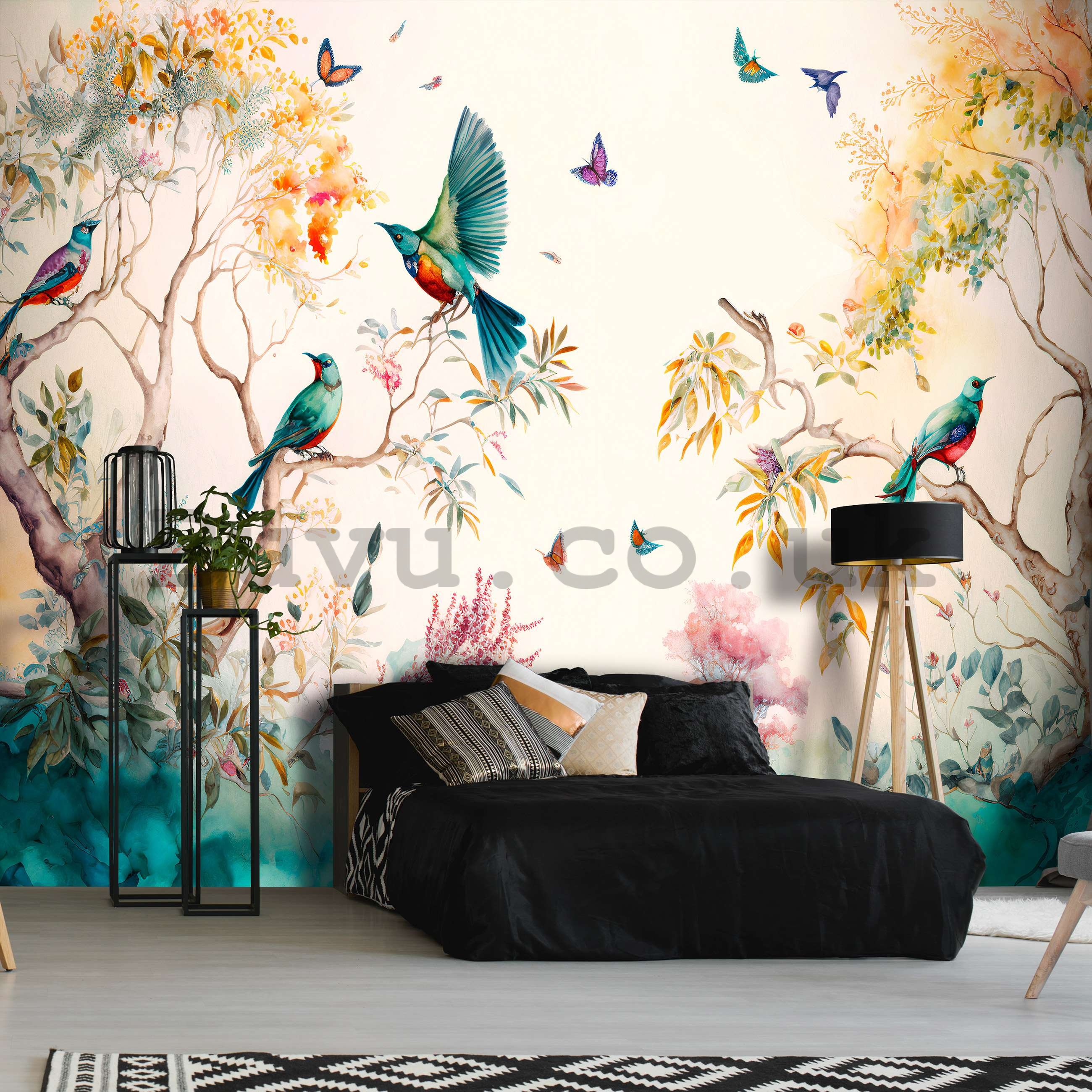 Wall mural vlies: Birds on trees (painted) - 254x184 cm