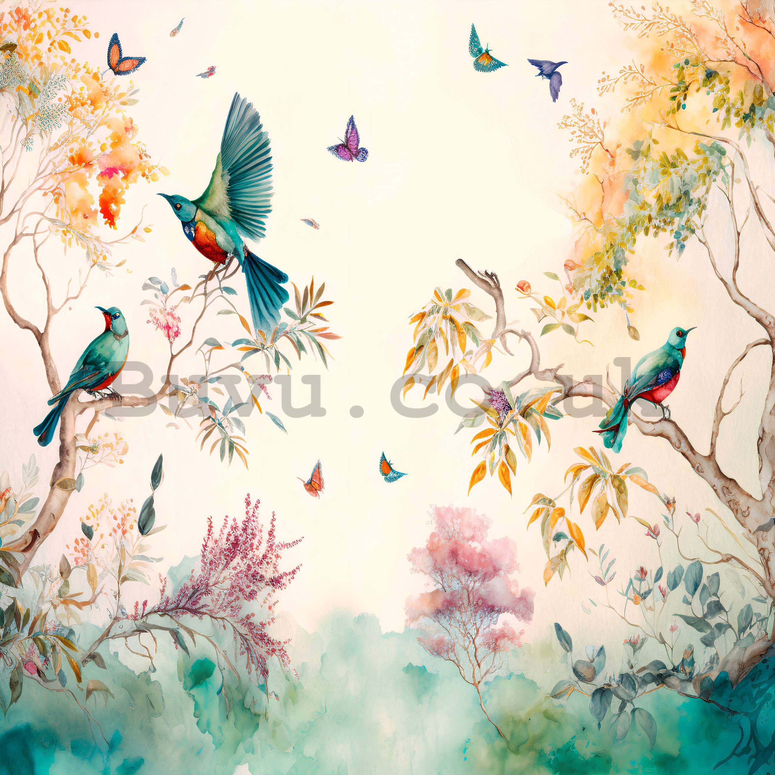 Wall mural vlies: Birds on trees (painted) - 254x184 cm