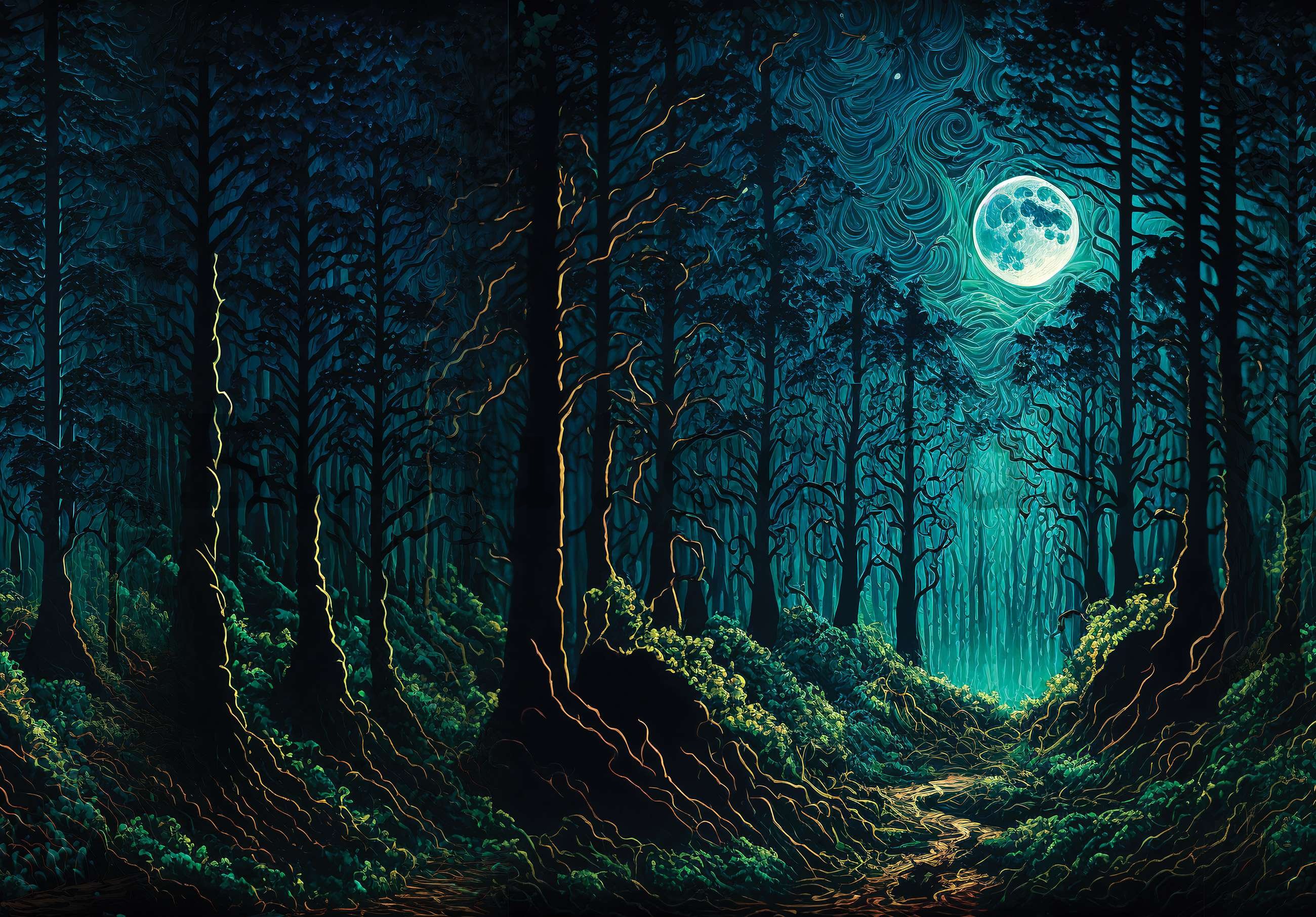Wall mural vlies: Enchanted forest in the moonlight - 368x254 cm