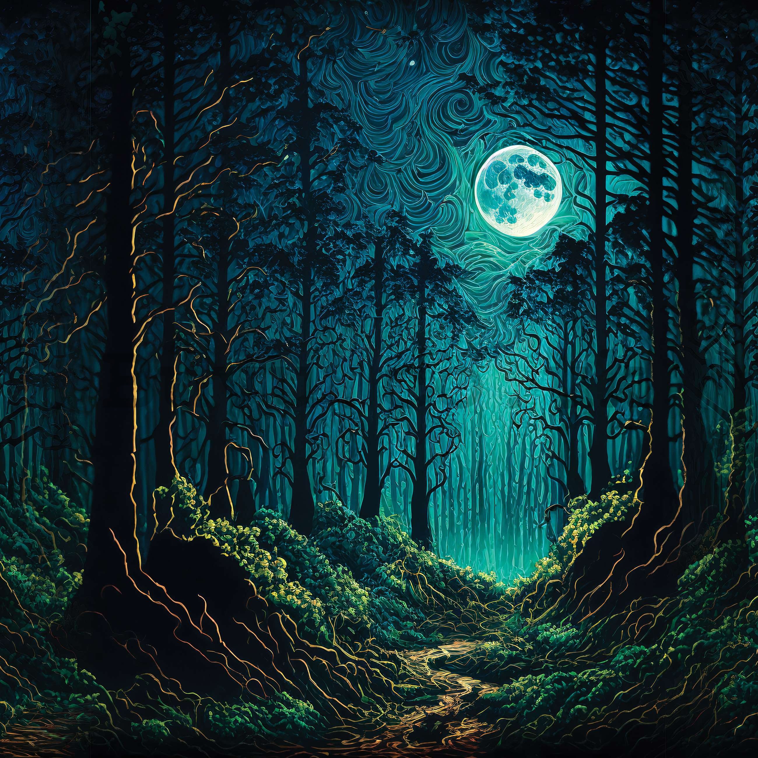 Wall mural vlies: Enchanted forest in the moonlight - 416x254 cm